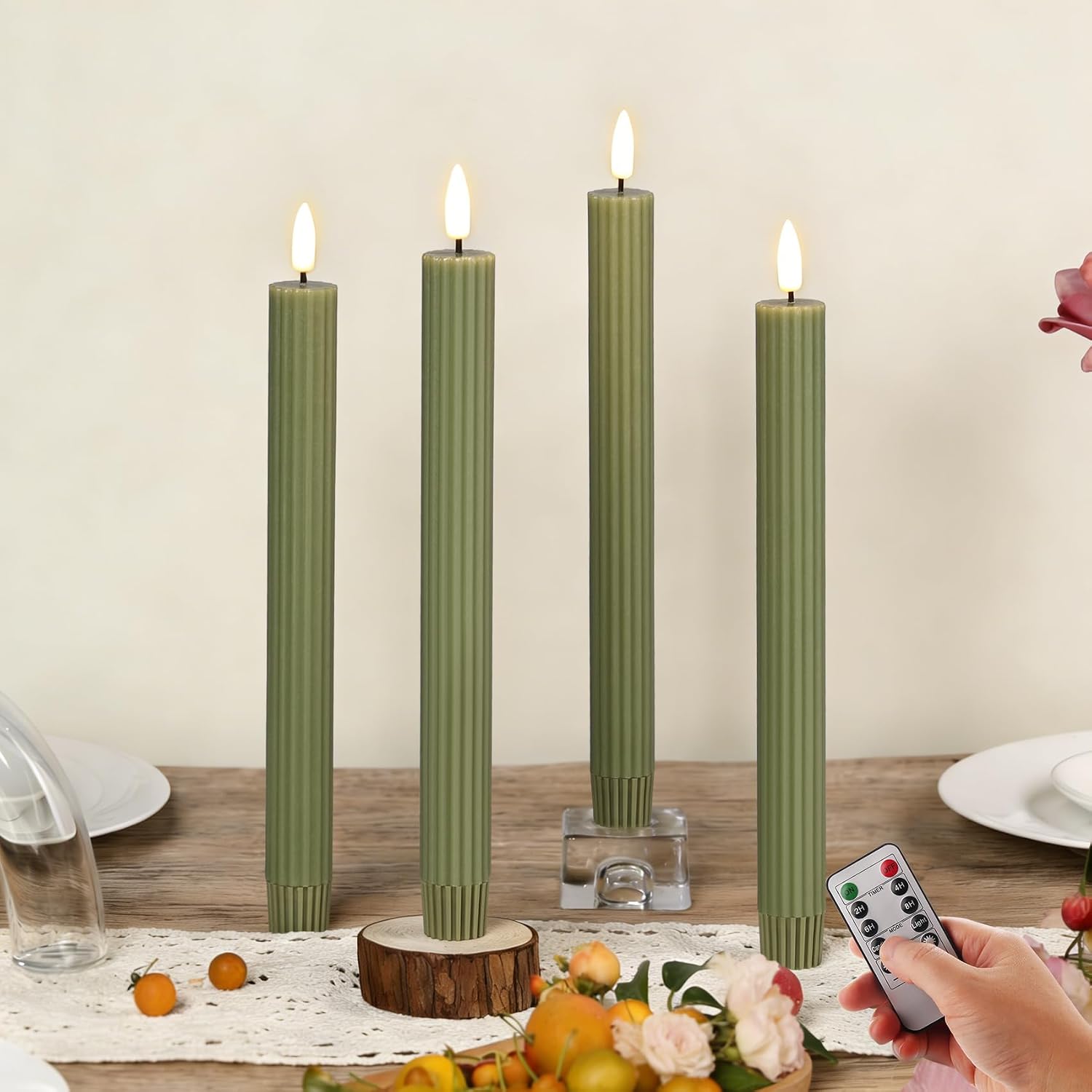 Olive Green Ribbed Fluted Flameless Taper Candles with Remote, Flickering Battery LED Wax Candlesticks Wedding Home Decor Set of 4