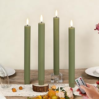 Olive Green Ribbed Fluted Flameless Taper Candles with Remote, Flickering Battery LED Wax Candlesticks Wedding Home Decor Set of 4