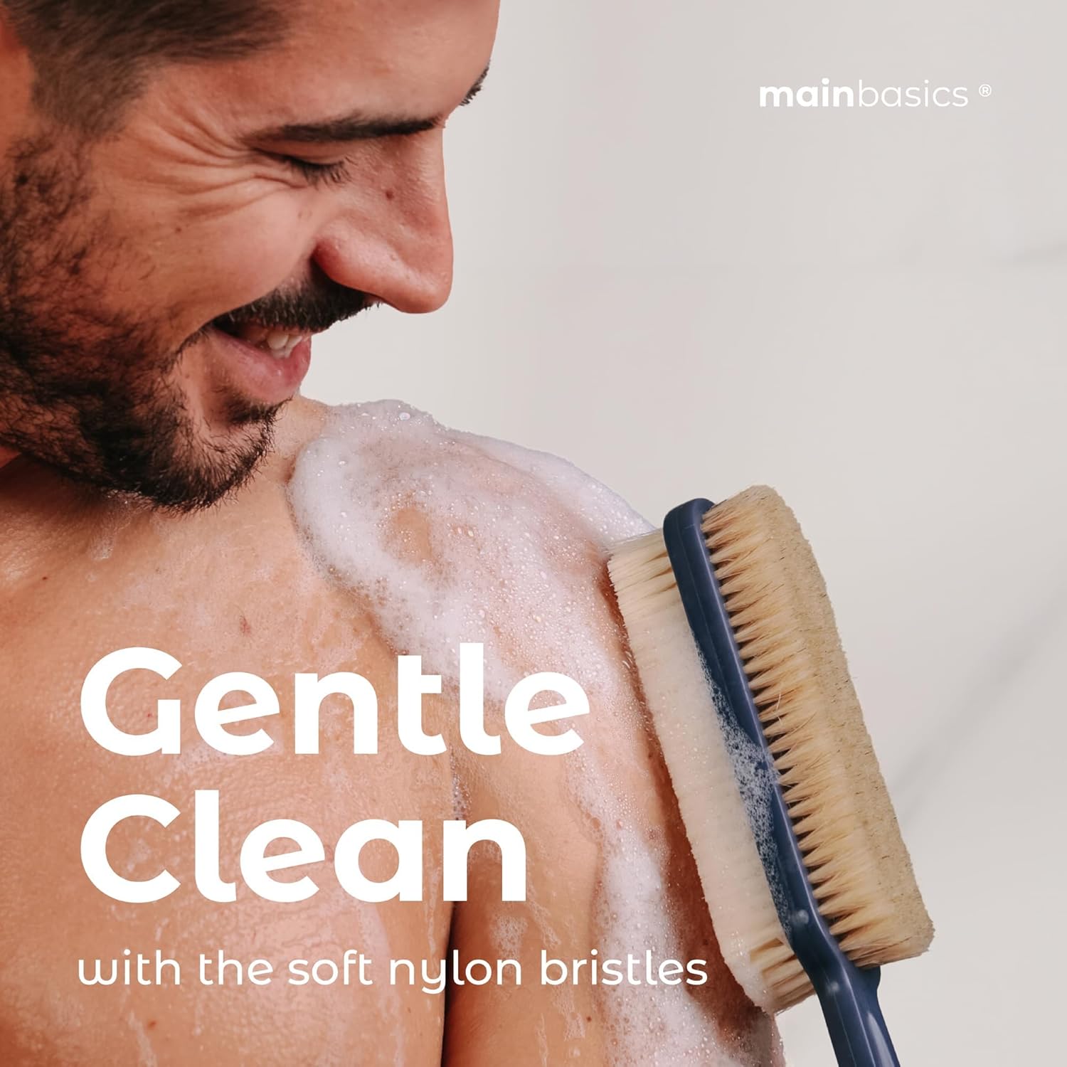 MainBasics Back Scrubber for Shower, Long Handle Body Brush, 15.75 Inch | Dual-Sided Exfoliating and Soft Bristles