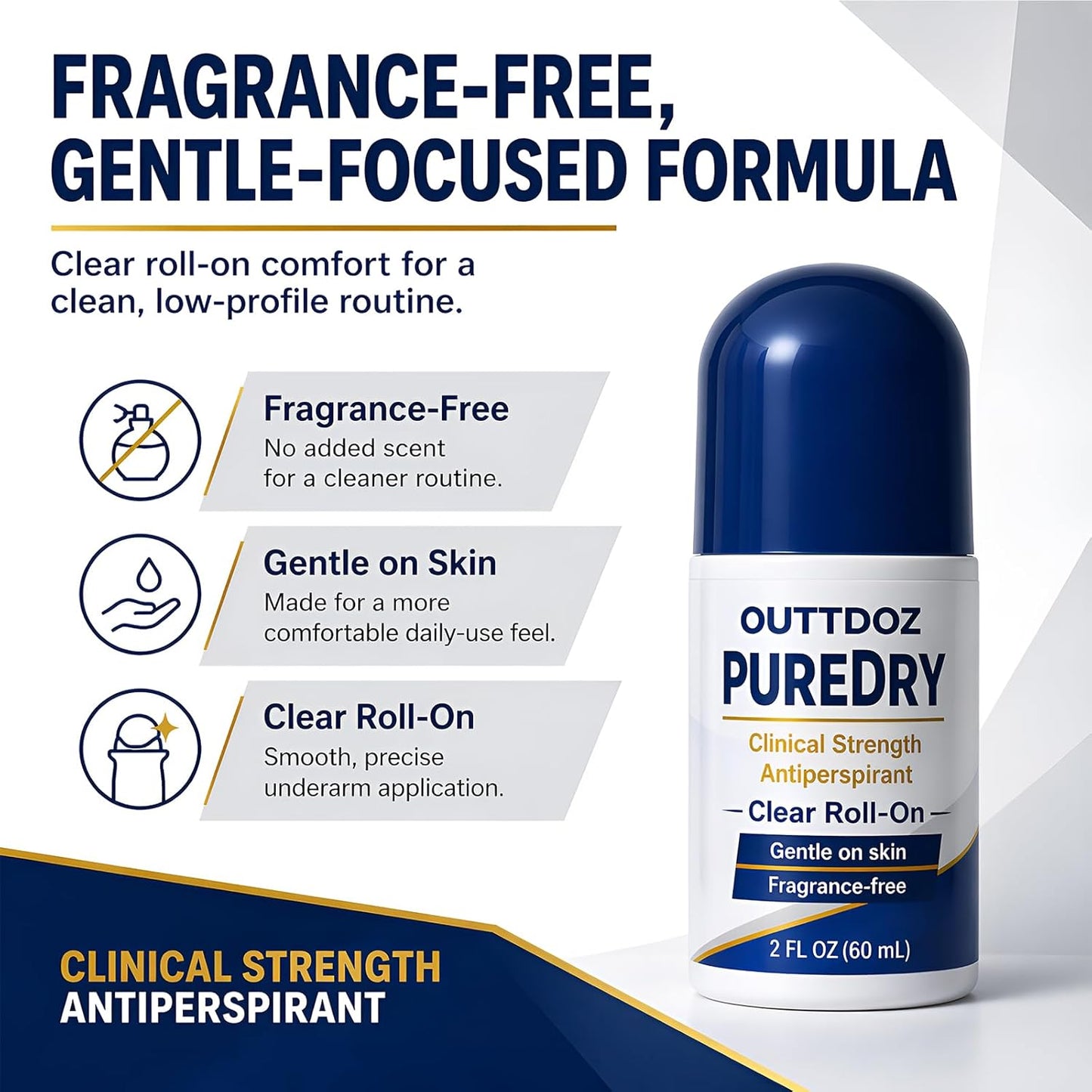 PURE DRY Antiperspirant Roll-On for Underarms, Fragrance-Free Clinical Sweat Control for Men & Women, Clear Nighttime Formula for Sweaty Underarms, Alcohol-Free, 2 fl oz