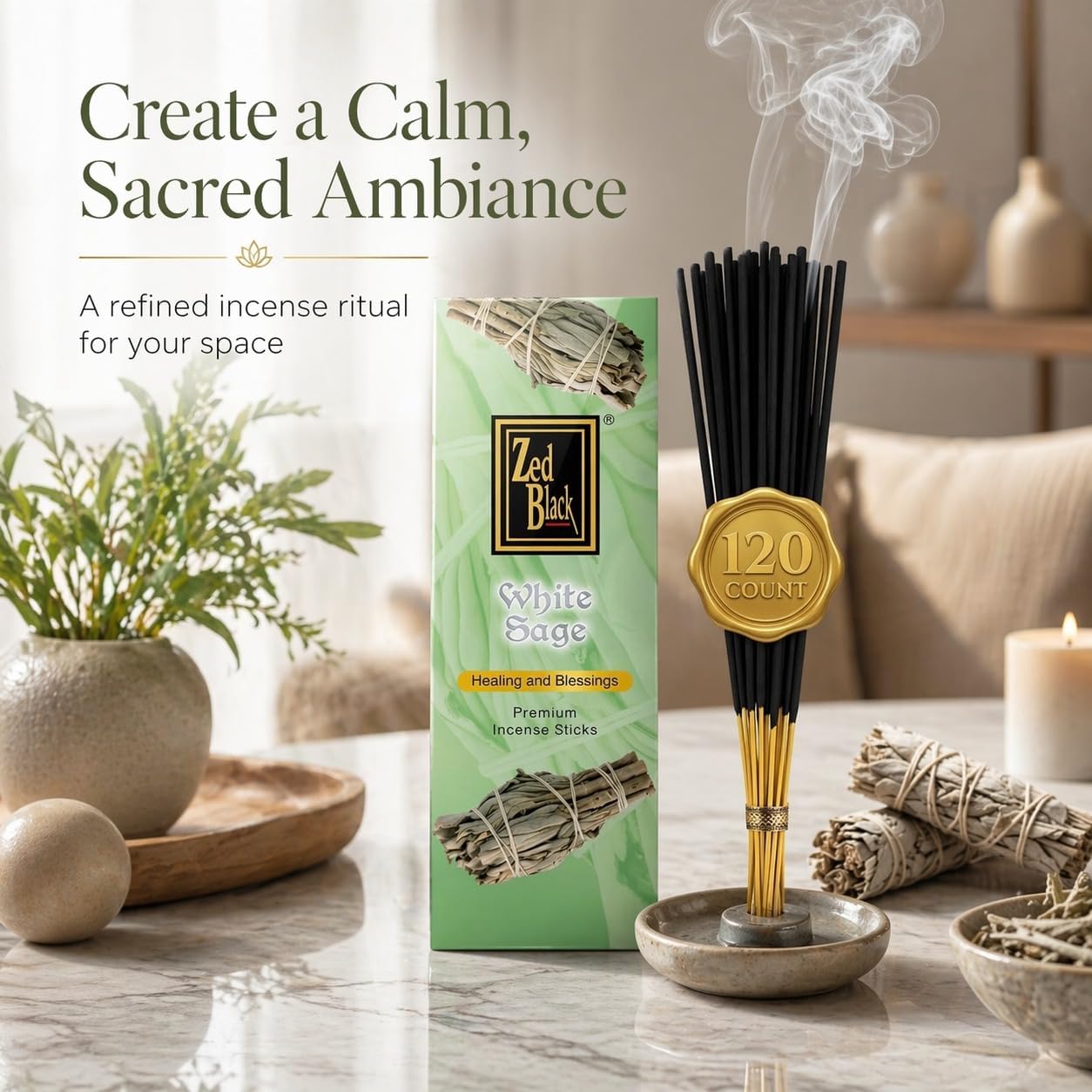 White Sage Incense Sticks - 120 Count | Natural Air Purifying Aromatherapy | Calming and Cleansing Fragrance | Perfect for Meditation, Relaxation, Prayer & Spiritual Rituals I Zed Black