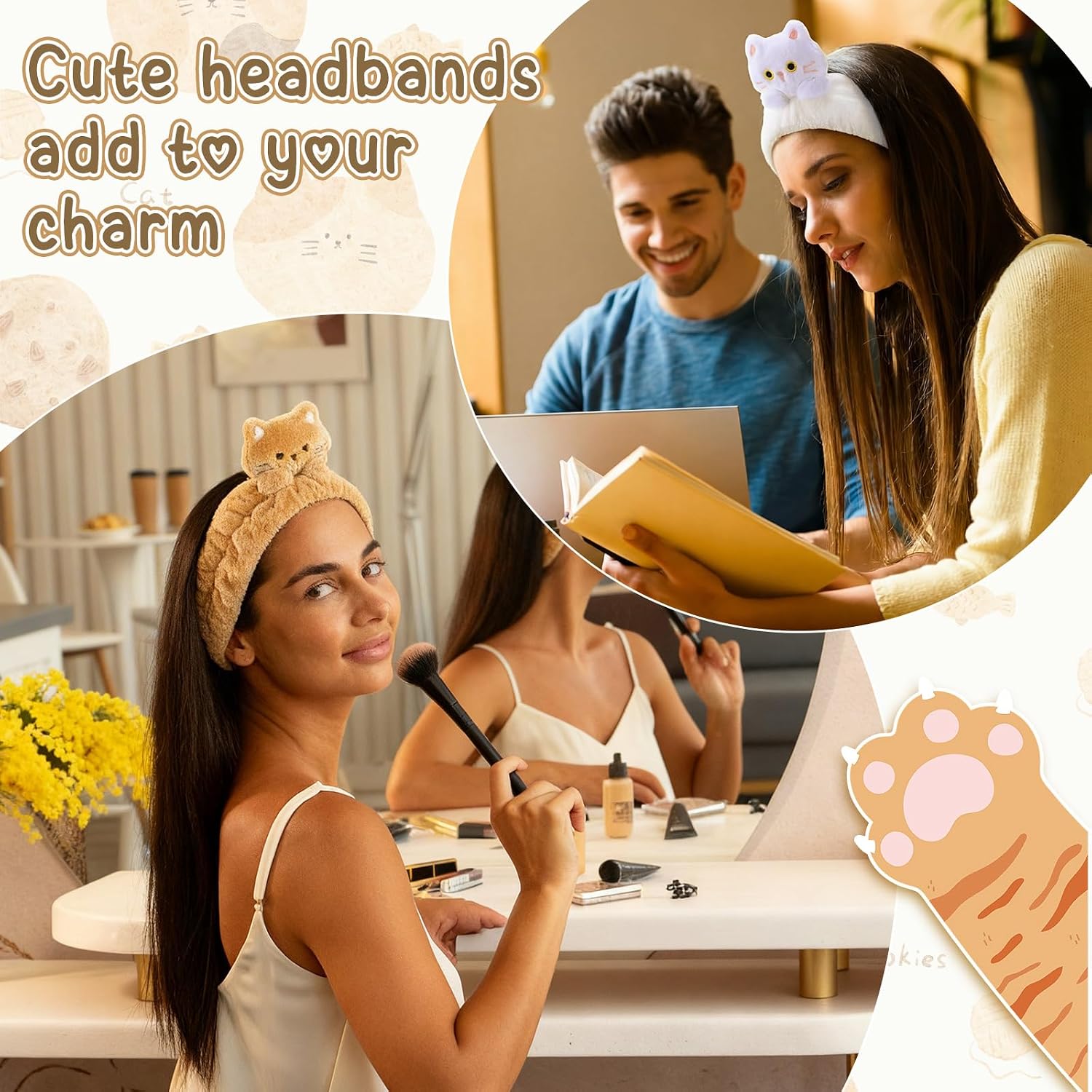 6 Pcs Cat Ear Headbands for Washing Face, Soft Cute Coral Fleece Spa Headbands for Women Girls Skincare Makeup Shower Yoga Trendy Stuff Cat Accessories Gift