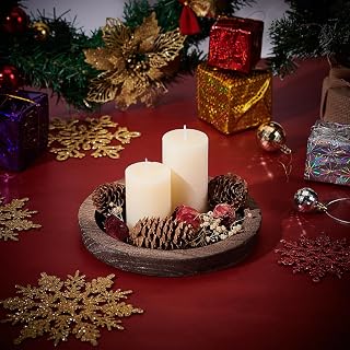 WADORN Wooden Decorative Tray Candle Holder, Round Wood Tray Home Decor for Farmhouse Kitchen Rustic Wooden Tray Candle Holder for Wedding Countertop Bathroom Coffee Christmas Table Decor, 8 Inch