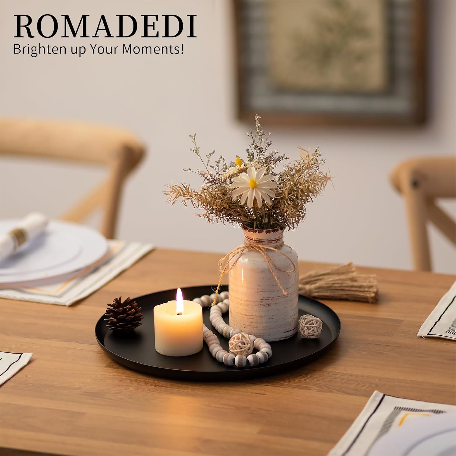 Romadedi Black Decorative Candle Tray - Round Trays Decor for Coffee Table Centerpiece Metal Serving Tray for Kitchen Counter Organizer Modern Farmhouse Home Decorations, 11 Inch