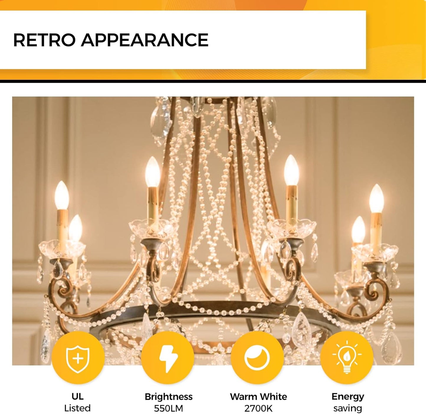 Hizashi 90+CRI Candelabra LED Light Bulbs 60 Watt, 2700K Warm White, E12 LED Bulb Dimmable, B11 Chandelier Light Bulbs, 6W, 550LM, Candle Light Bulbs, UL Listed, 12 Pack