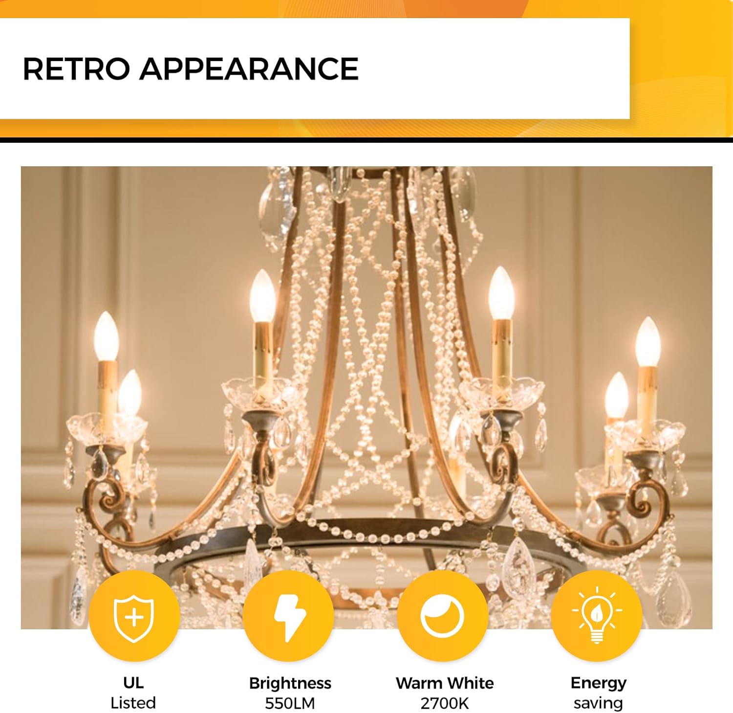 Hizashi 90+CRI Candelabra LED Light Bulbs 60 Watt, 2700K Warm White, E12 LED Bulb Dimmable, B11 Chandelier Light Bulbs, 6W, 550LM, Candle Light Bulbs, UL Listed, 12 Pack