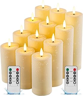 12 Pack Outdoor Waterproof Battery Operated Fake flameless LED Candles Set with Remote Control Timer, Warm White Decorative Candles for Patio Garden Wedding Table Centerpiece Home Decor
