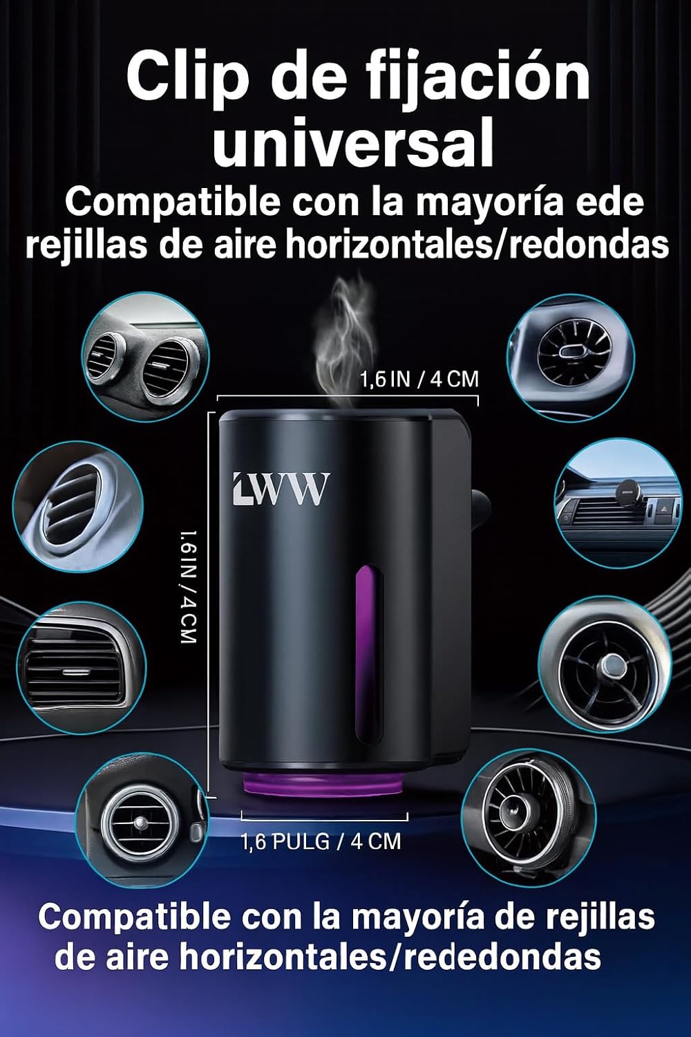 LWW Smart Car Air Freshener - 3 Levels Strength with Ventilation Clip, Rechargeable Car Fragrance Atomizer - with 8 10ml Bottles of Fragrance, Long Lasting Oil Diffuser (Black)