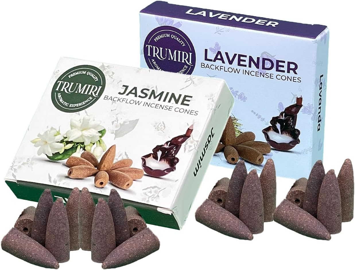 TRUMIRI Backflow Incense Cones - Combo Pack of 20 Incense Cones Waterfall - 10 Lavender + 10 Jasmine - Incense Backflow Cones - Waterfall Incense Cones - Incense Waterfall Cones