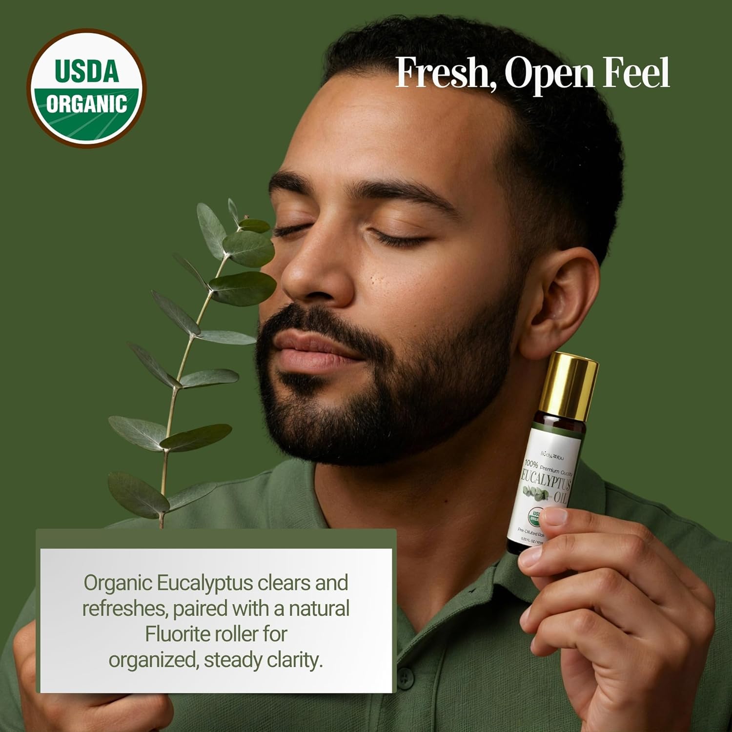 Eucalyptus Essential Oil Roll On for Sinus Congestion Headache - 100% Pure USDA Organic MCT Coconut Oil - Cooling Breathwork Chest Aromatherapy Mental Clarity Focus - Gemstone Roller 10ml Travel Size