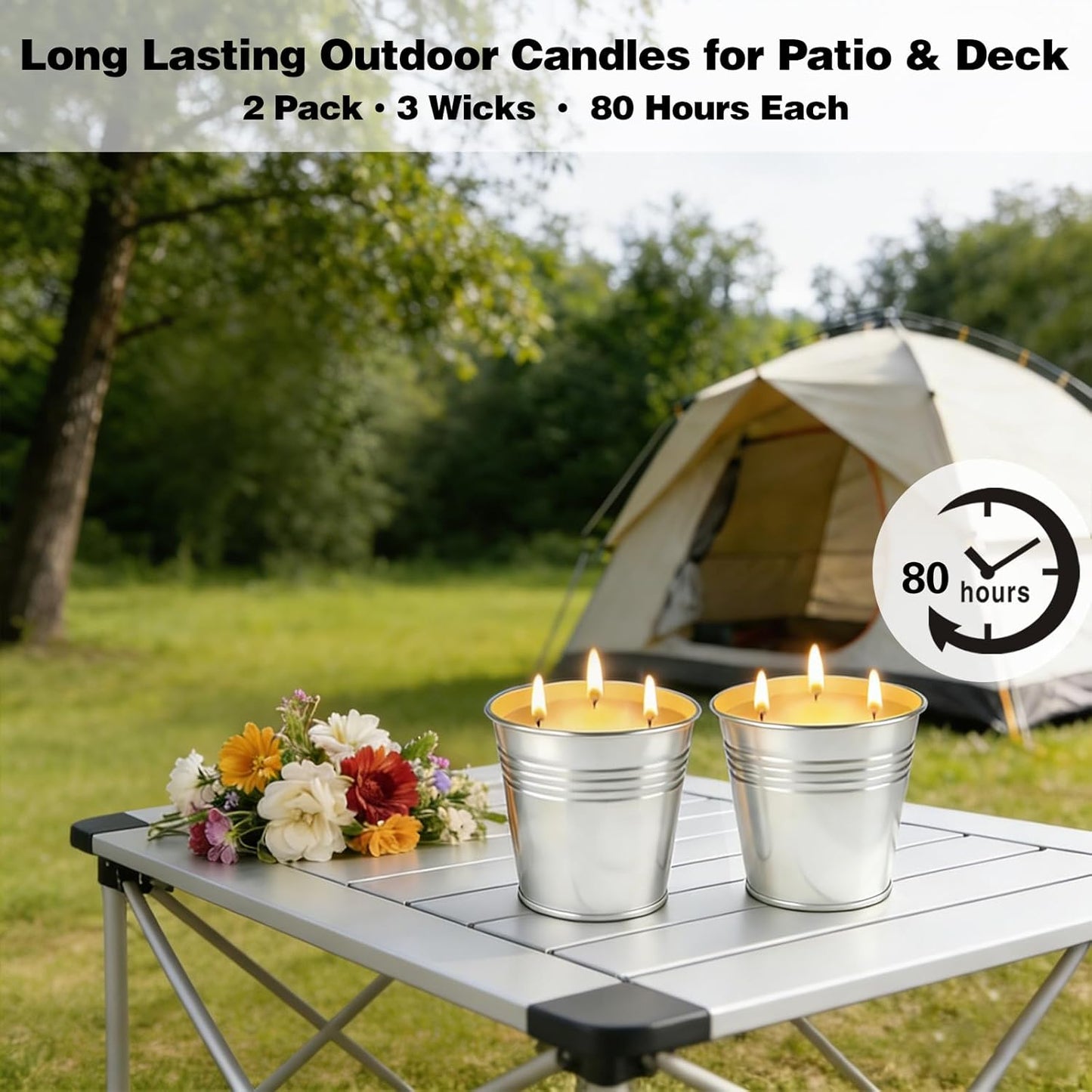 Citronella Candles Outdoor, 13 oz Large 3-Wick Soy Wax Candles for Patio, 2 Pack, Total 160H Burn Time, Natural Citronella Oil, Decorative Silver Tin Candle for Backyard, Garden, Camping, Deck