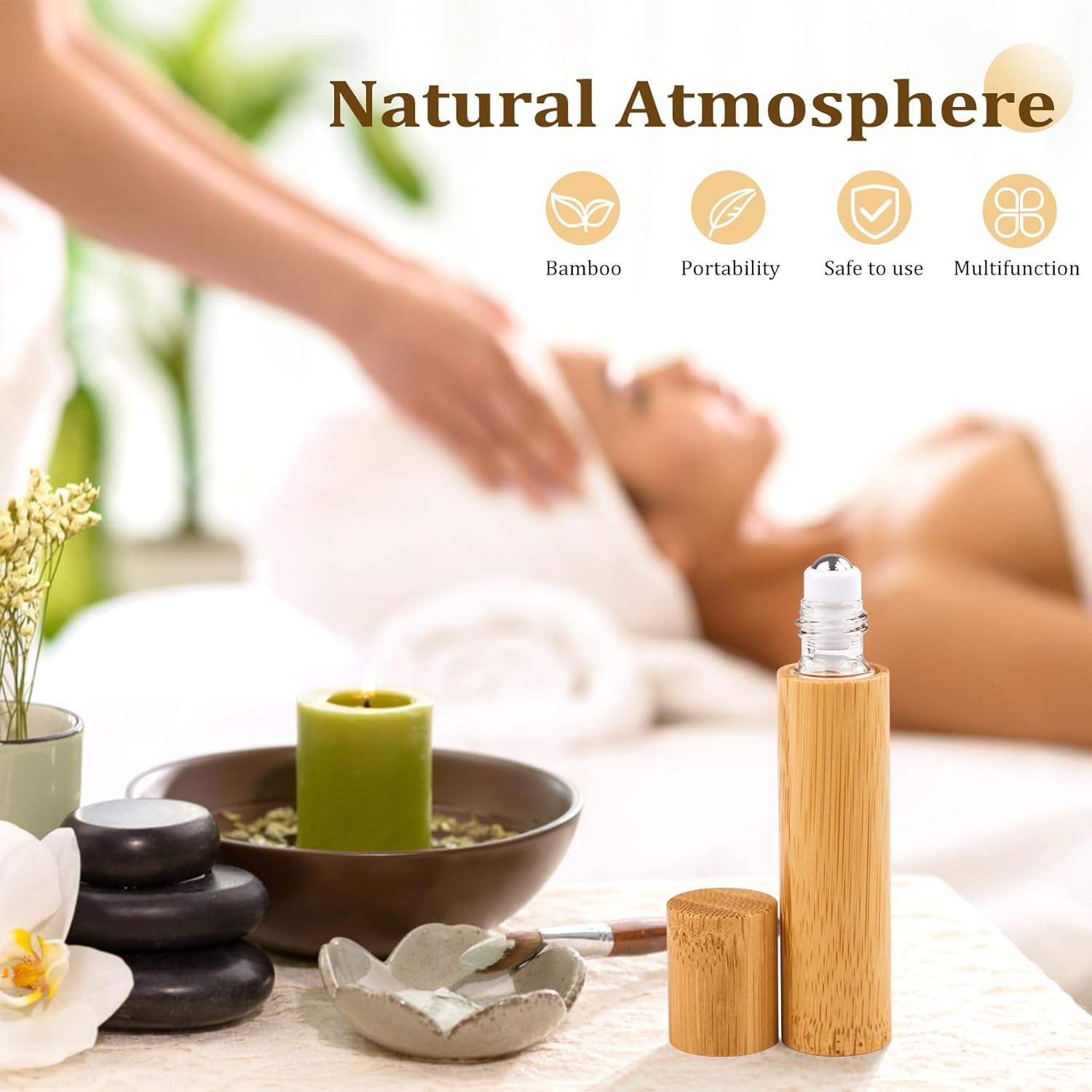 AUHOKY 12Pcs Bamboo Roll on Bottles for Essential Oils, Portable Massage Oil Bottle with Stainless Steel Roller Ball, Reusable Travel Perfumes Sample Lip Gloss Container (1 Opener) (10ML)