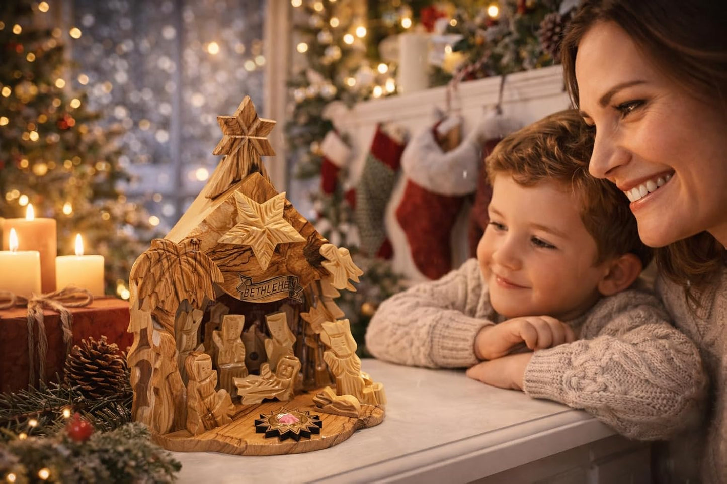 Zuluf Olive Wood Musical Nativity Set | Handcrafted Tabletop Christmas Scene with Incense & Holy Land Certificate | Christian Holiday Decor Gift for Home Display, 8x6 Inches