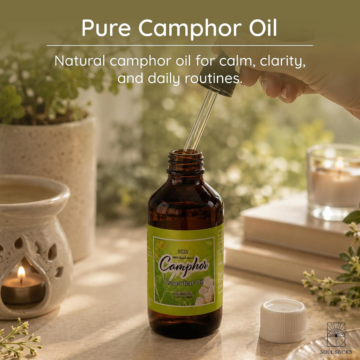 SOUL STICKS Natural Camphor Essential Oil 4 Fl Oz (120ml) 100% Natural Camphor Oil with Glass Dropper for Aromatherapy