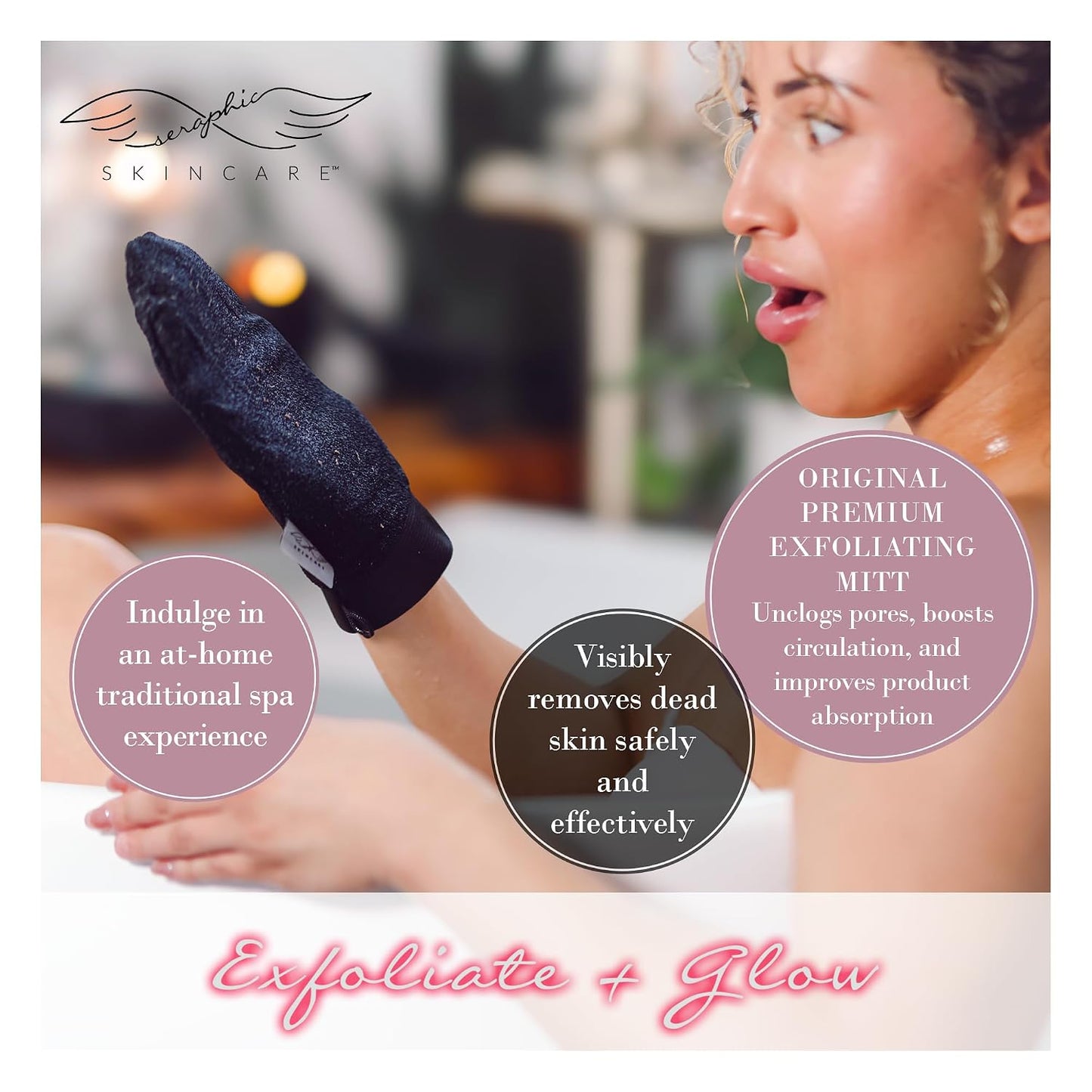 Seraphic Skincare Original Premium Exfoliating Mitt for Body (2pc) – 100% Vegan Viscose Traditional Body Scrub Glove Kessa Korean Washcloth – Body Exfoliator for Self-Tan Removal & Keratosis Pilaris