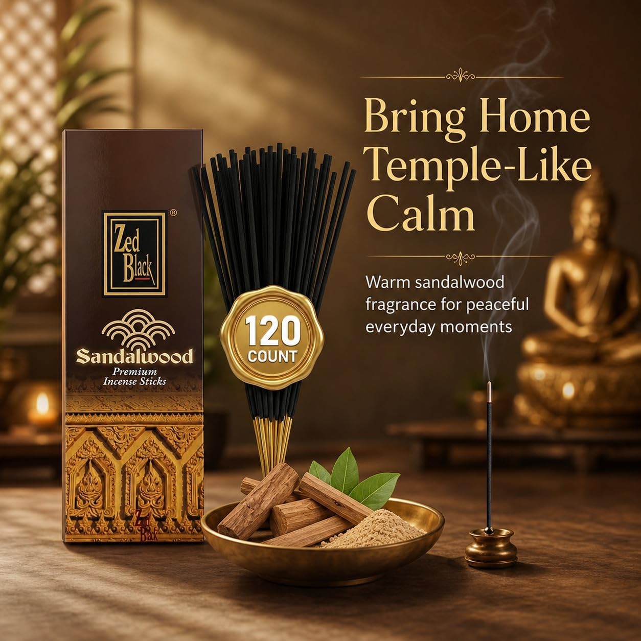 Sandalwood Incense Sticks -120 Count | Hand-Rolled, Long-Lasting Sandalwood Aroma | Ideal for Meditation, Relaxation, Yoga & Spiritual Balance I Zed Black