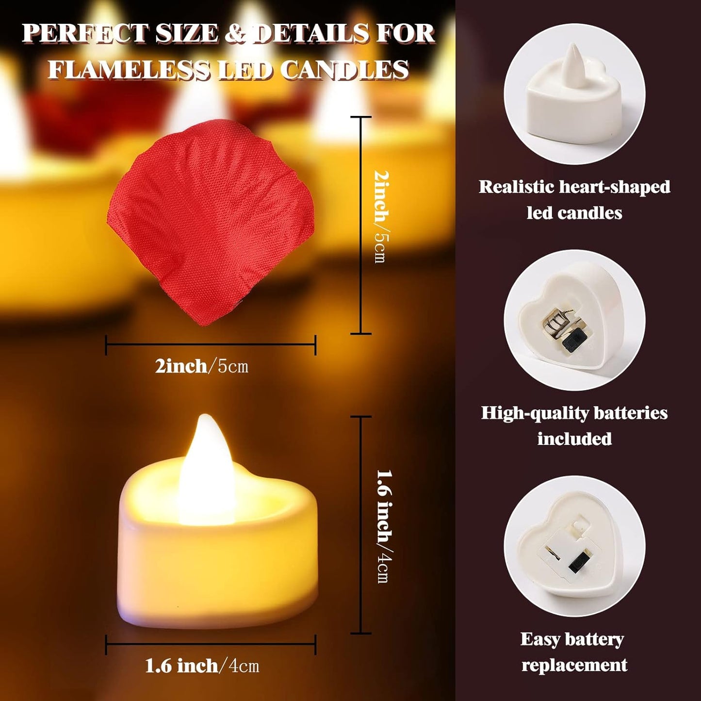 3000 Pcs Artificial Rose Petals with 48 Pcs Heart Flameless Candles Battery LED Tea Lights Candles Set Valentine's Day Wedding Anniversary Decoration