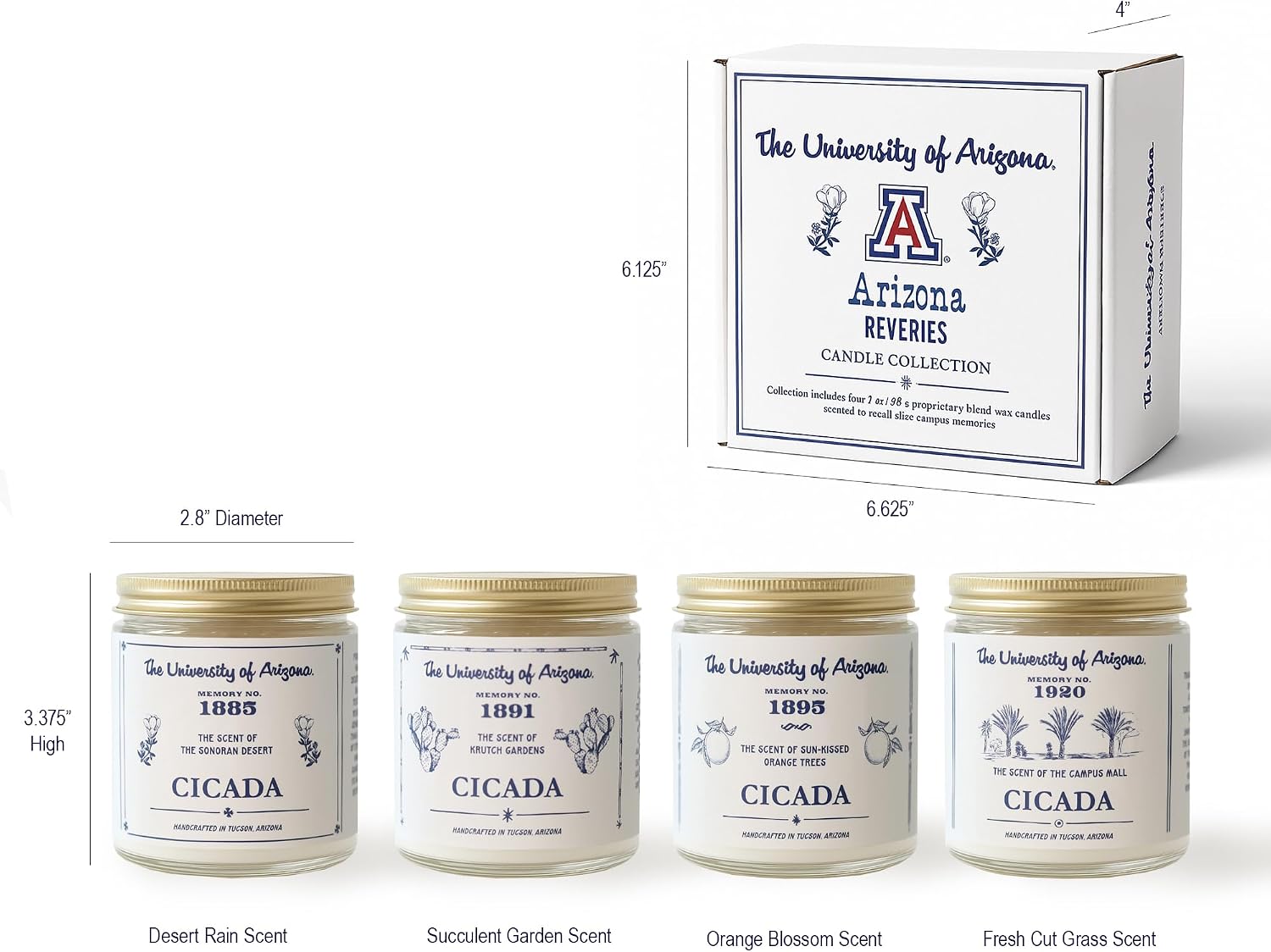 CICADA University of Arizona Inspired Scented Candle Bundle, Coconut-Soy Blend Wax Candles, Hand-Poured Arizona Home Fragrance Collection, 4-Scent Bundle (Four 7 oz Jar Candles)