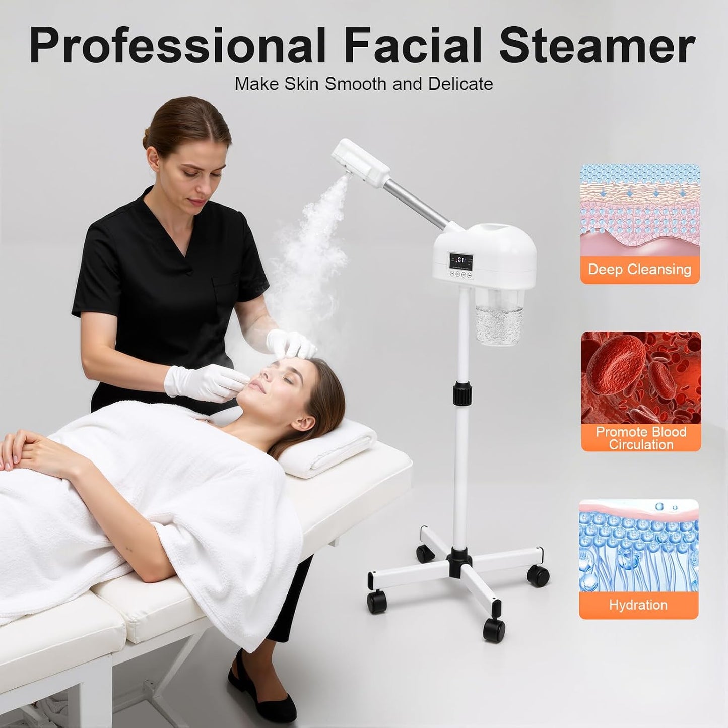 Professional Standing Facial Steamer for Home, Salon, Spa, Nano Ionic Ozone Skin Care Machine with 600ml Tank, Adjustable 22-27 Inch Height, Hot Mist for Deep Cleansing & Hydration, 750W 110V