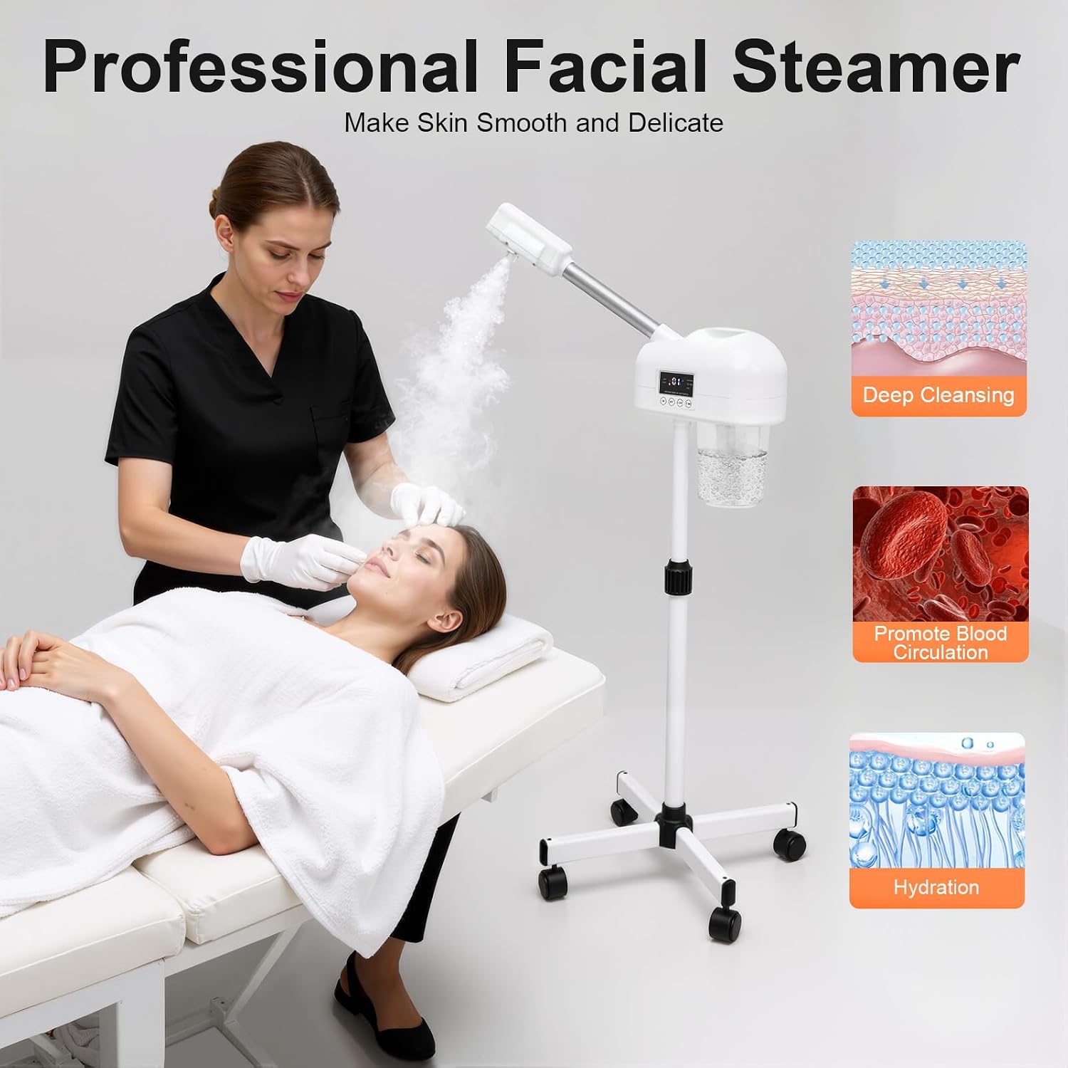 Professional Standing Facial Steamer for Home, Salon, Spa, Nano Ionic Ozone Skin Care Machine with 600ml Tank, Adjustable 22-27 Inch Height, Hot Mist for Deep Cleansing & Hydration, 750W 110V