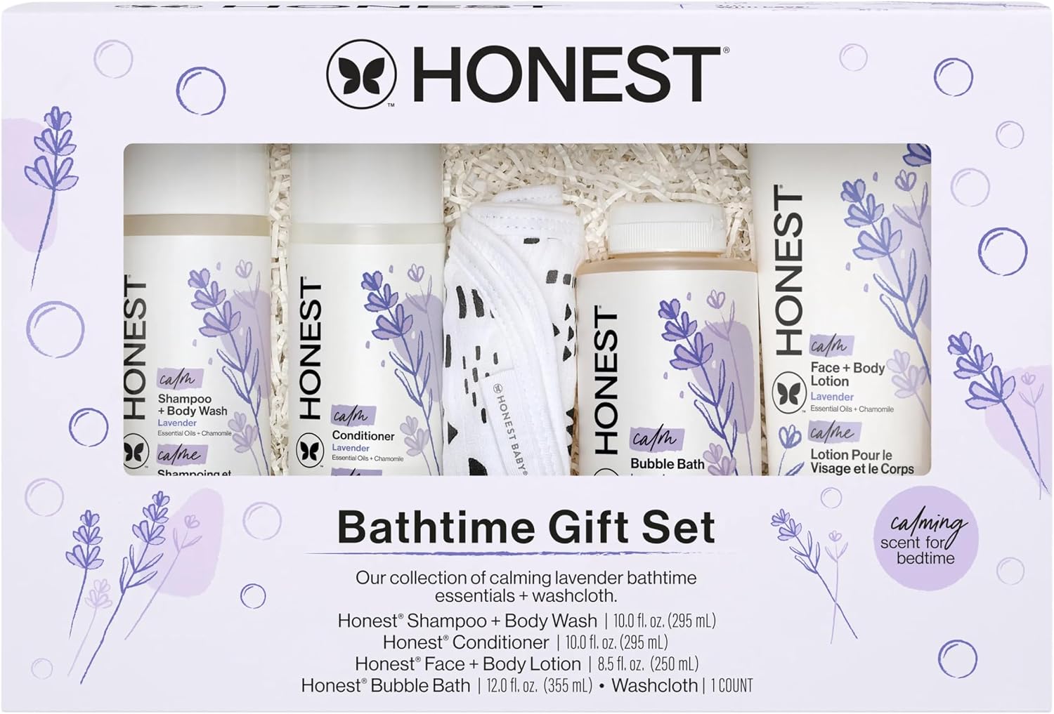 The Honest Company Calming Lavender Bathtime Gift Set Hypoallergenic Bath Essentials for Sensitive Baby Skin Shampoo and Body Wash Face Lotion Bubble Conditioner Cloth