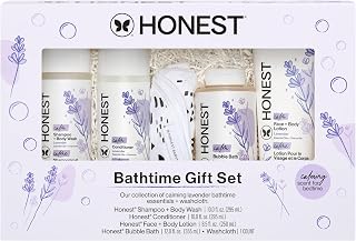 The Honest Company Calming Lavender Bathtime Gift Set Hypoallergenic Bath Essentials for Sensitive Baby Skin Shampoo and Body Wash Face Lotion Bubble Conditioner Cloth
