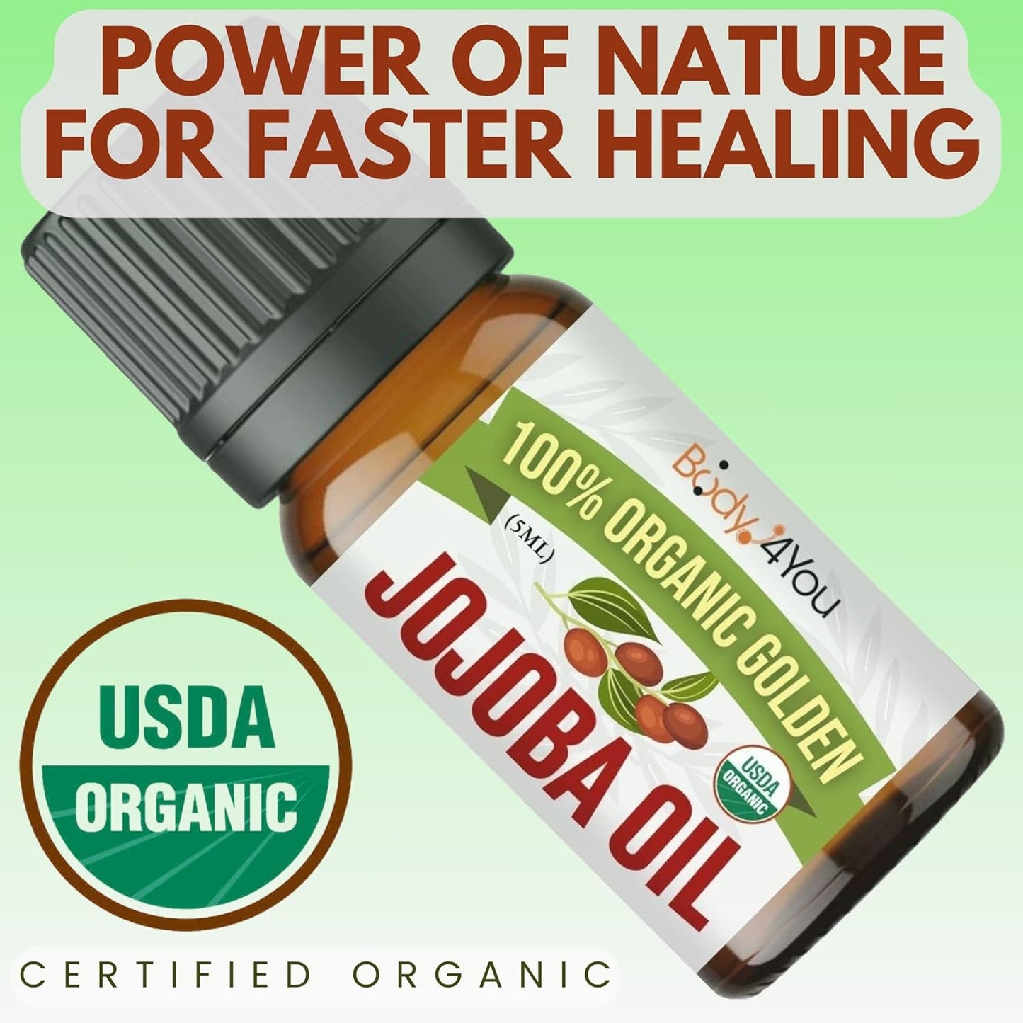 BodyJ4You Organic Jojoba Oil Piercing Aftercare - USDA 100% Pure Cold Pressed Ear Stretching Oil - Gauge Care Nose Septum Cartilage Tragus Navel - Natural Skin Recovery Moisturizer Vegan - 0.17 Fl Oz