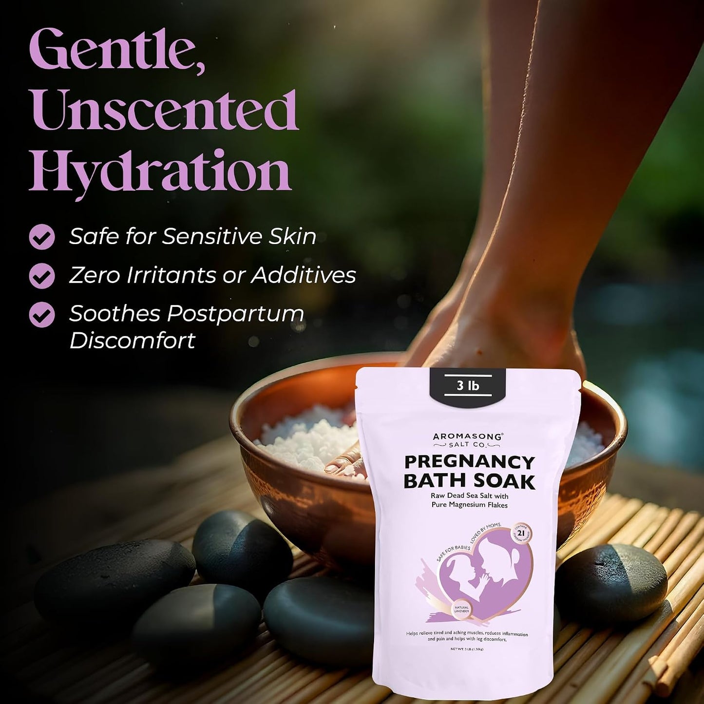 Aromasong Pregnancy Bath Soak 3 LB - 100% Pure Magnesium Flakes with 21 Essential Dead Sea Minerals and Natural Lavender - Better Absorbing Than Epsom Salt