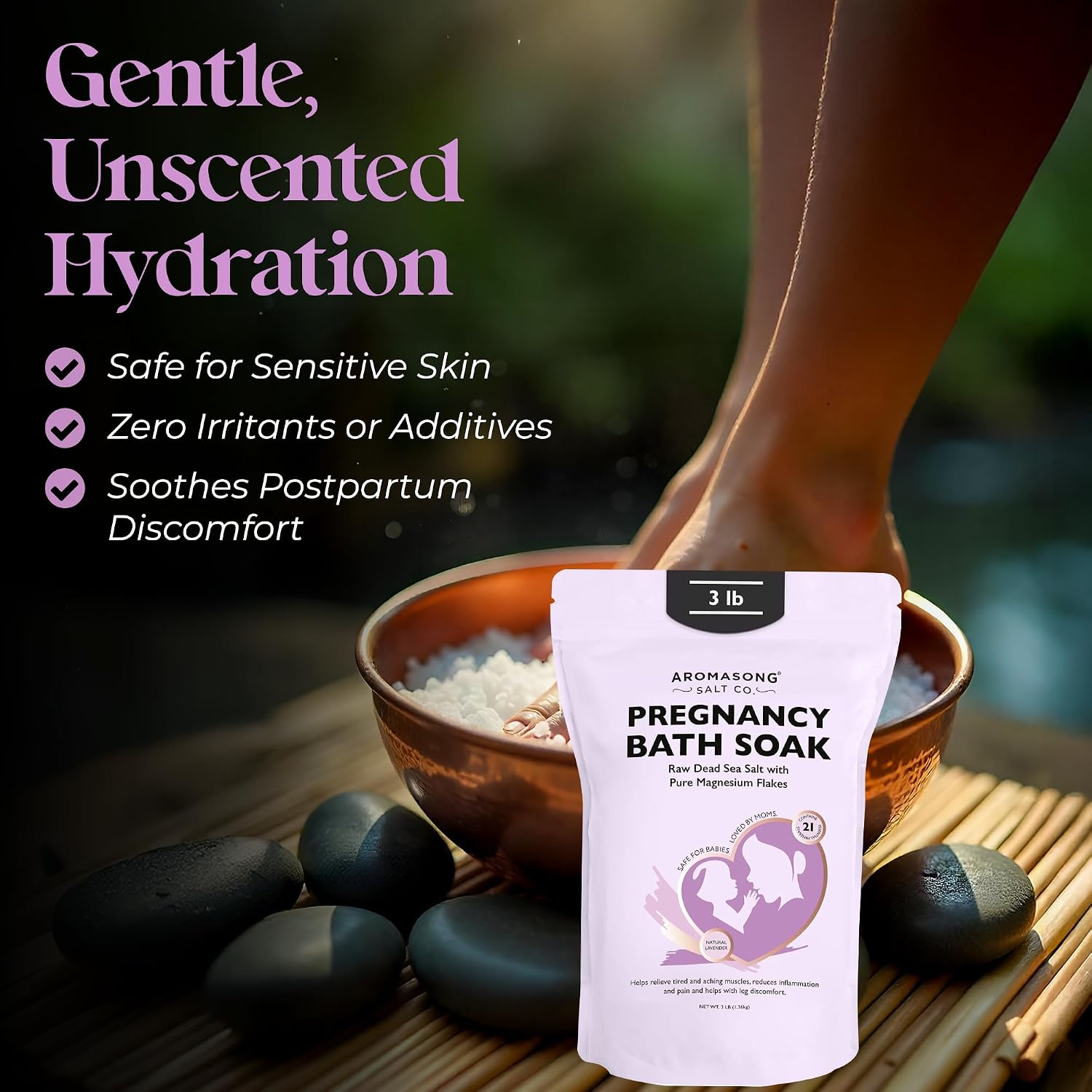 Aromasong Pregnancy Bath Soak 3 LB - 100% Pure Magnesium Flakes with 21 Essential Dead Sea Minerals and Natural Lavender - Better Absorbing Than Epsom Salt