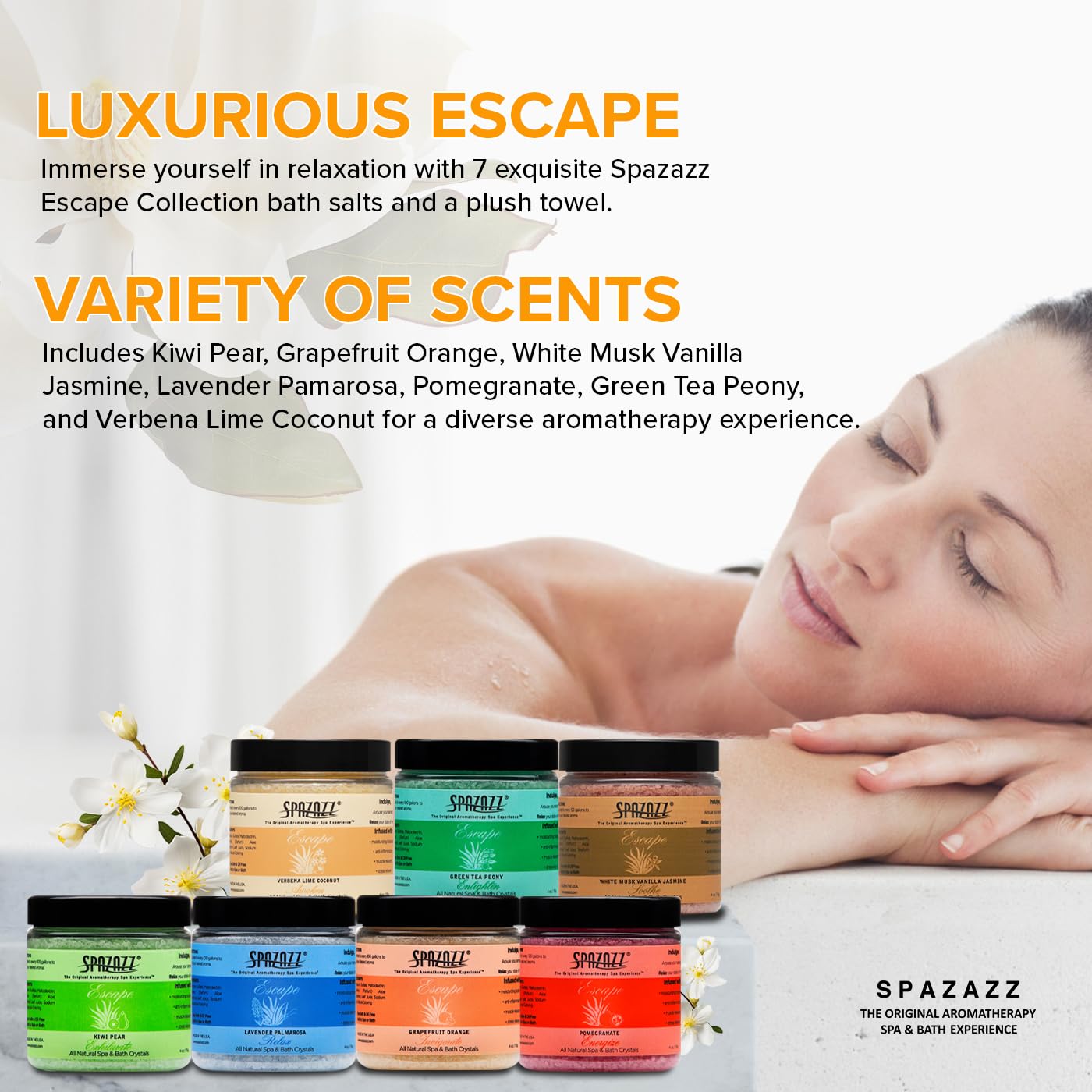 Hot Tub & Spa Bath Salt Aromatherapy Crystals - Spazazz Escape Collection 4 Oz 7-Pack Sampler & Hot Cold Towel - Lavender, Lime Coconut, Green Tea, Vanilla Jasmine, Kiwi Pear, Grapefruit, Pomegranate