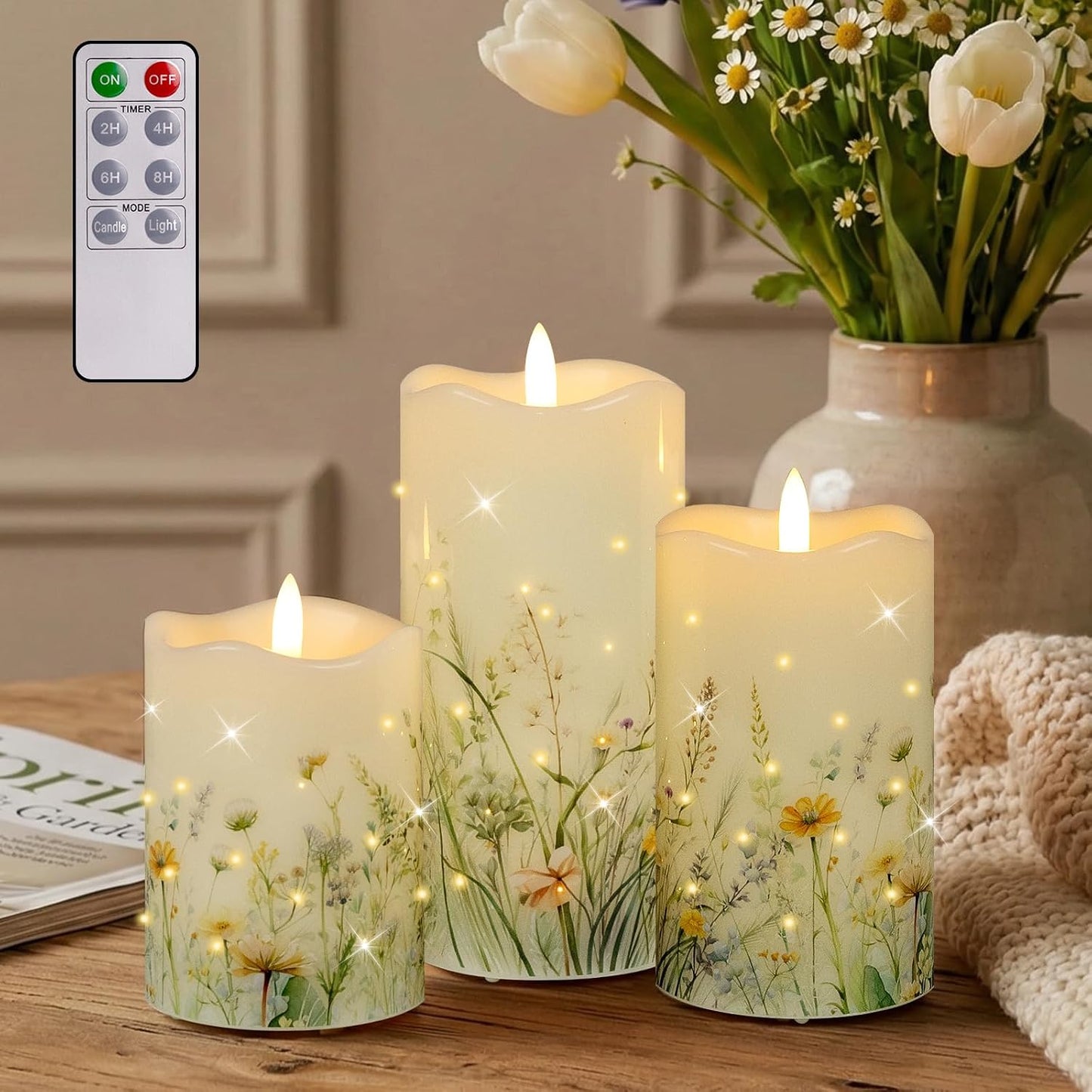 Flameless Candles, Battery Operated Floral Candles with Remote, Fiber Optic Flameless Pillar Candles Set of 3 for Spring Decorations Indoor