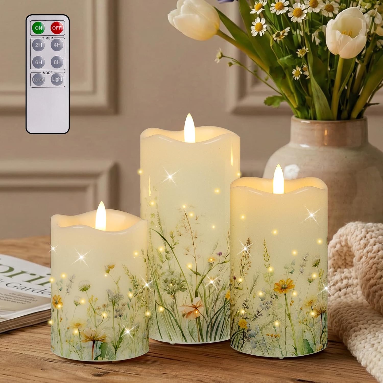 Flameless Candles, Battery Operated Floral Candles with Remote, Fiber Optic Flameless Pillar Candles Set of 3 for Spring Decorations Indoor