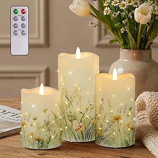 Flameless Candles, Battery Operated Floral Candles with Remote, Fiber Optic Flameless Pillar Candles Set of 3 for Spring Decorations Indoor
