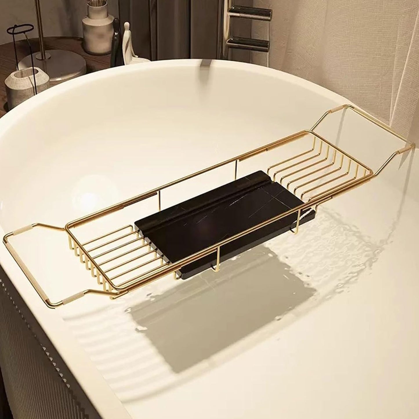 Bathtub Caddy Tray for Luxury Bath - Stainless Steel Bath Tub Table Shelf with Marble Chopping Board - Expandable Bath Tub Tray Bathtub Caddy Tray,A