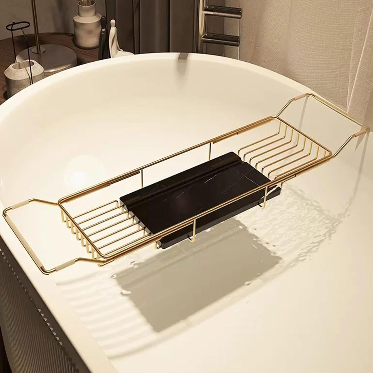 Bathtub Caddy Tray for Luxury Bath - Stainless Steel Bath Tub Table Shelf with Marble Chopping Board - Expandable Bath Tub Tray Bathtub Caddy Tray,A