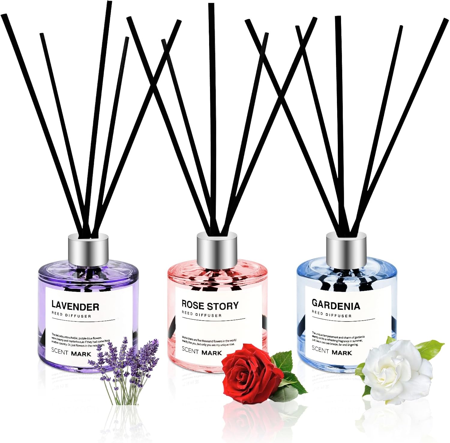 Reed Diffuser Set of 3 Pack,50ML Lavender Rose Gardenia Scented Oil Diffuser with 5 Sticks,Home Fragrance Reed Diffuser for Bedroom Bathroom Office (Lavender/Rose/Gardenia)