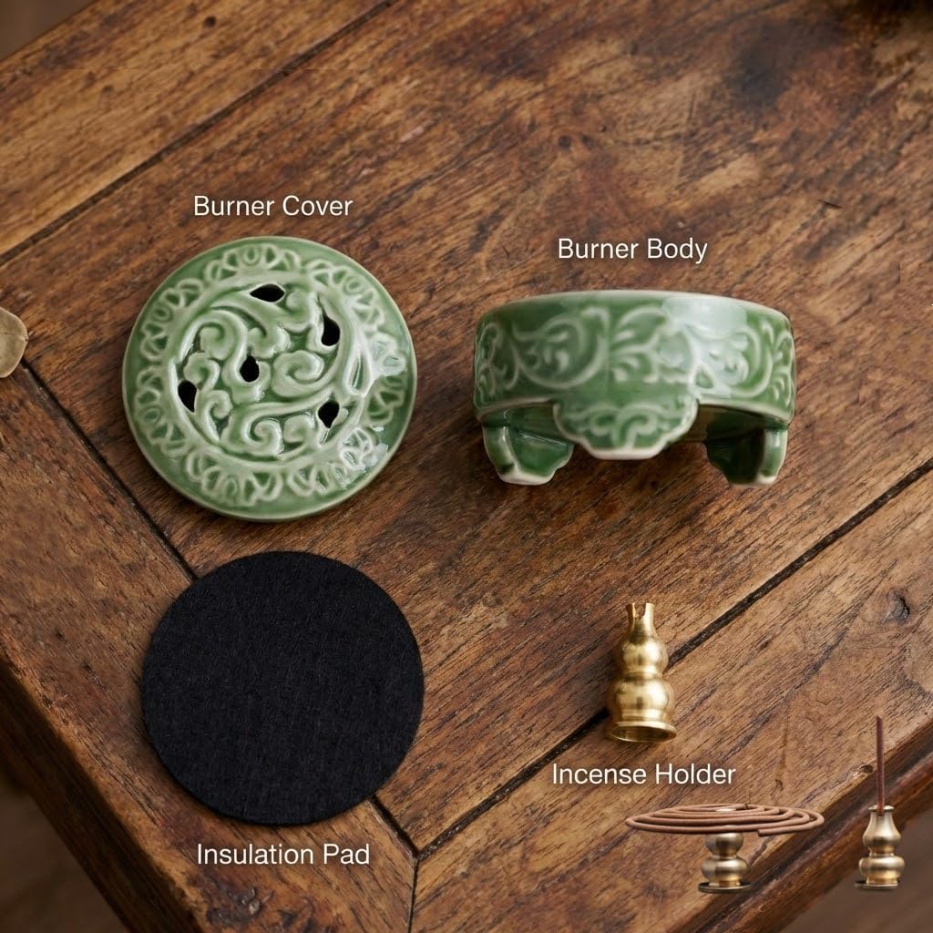 USMOLA Incense Burner with Lid, Ceramic Incense Holder for Stick Cones & Coils Incense with Burn Cotton for Home, Office, Yoga, Green Lotus