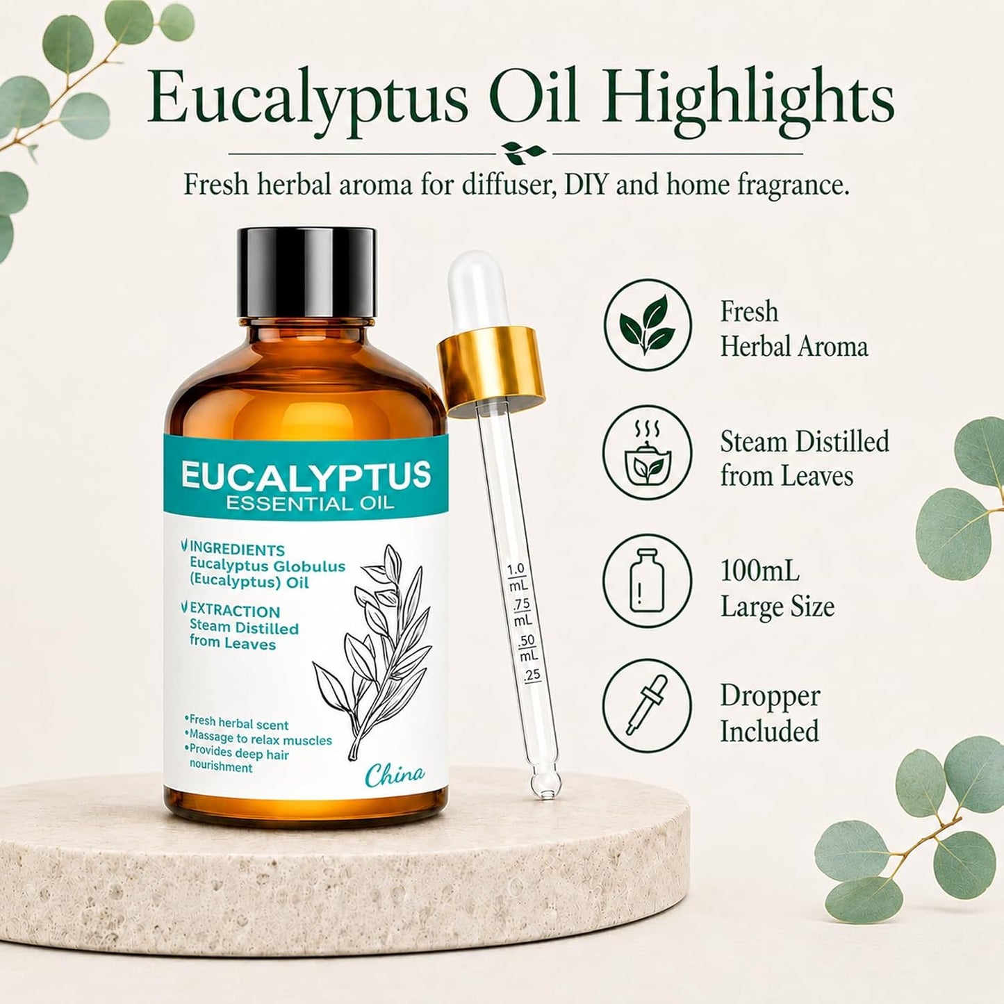 Eucalyptus Essential Oil 3.38 fl oz (100ml), Natural Eucalyptus Oil for Diffuser, Aromatherapy, Home Fragrance, Candle & Soap Making, DIY Projects