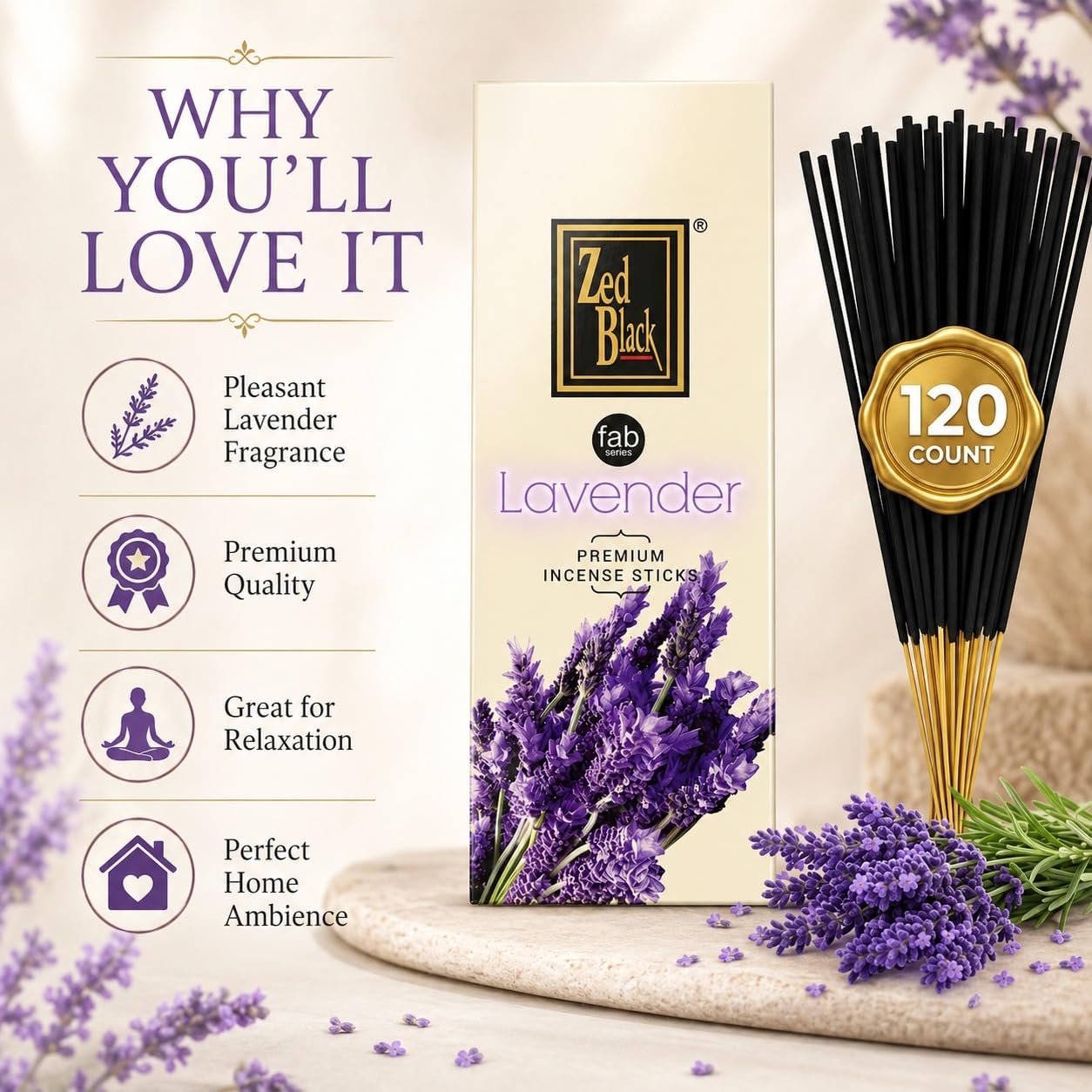 Lavender Incense Sticks 120 Count | Natural Hand-Rolled Aromatherapy Incense for Relaxation, Stress Relief, Meditation, Yoga & Prayer | Long-Lasting Soothing Aroma | Zed Black