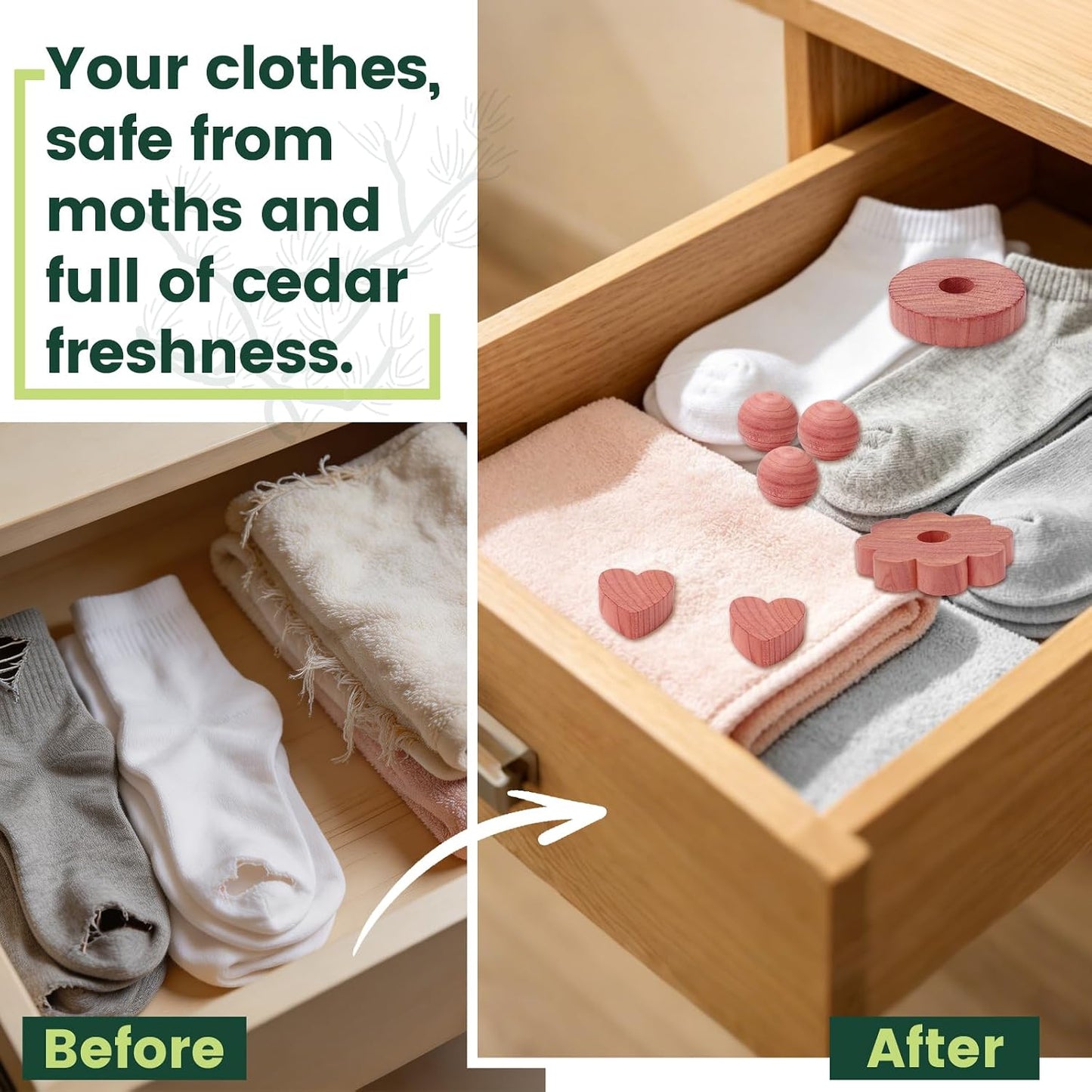 ESRICH Cedar Blocks for Clothes Storage 70Pcs, 100% Natura Cedars Wood for Closets, Cedars Planks with Sandpaper, Cedar Chips and Balls for Closets and Drawers, Fresh Scented Sachets