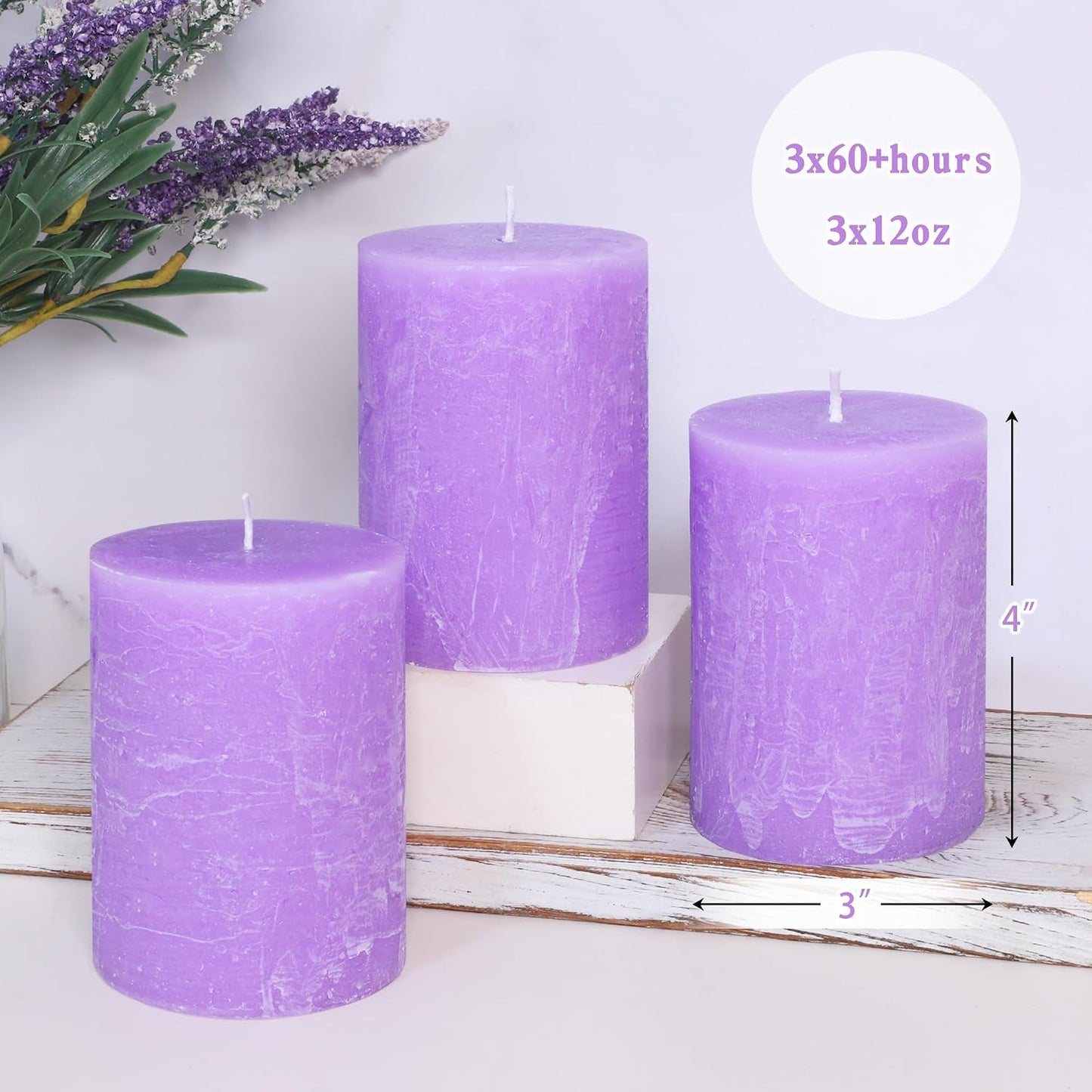 3x4 Inch Lavender Scented Pillar Candles Set of 3 Light Purple Hand-Poured Candle Long-Lasting Burn Rustic Decorative Dripless Candle for Home Scented Stress Relief Meditation