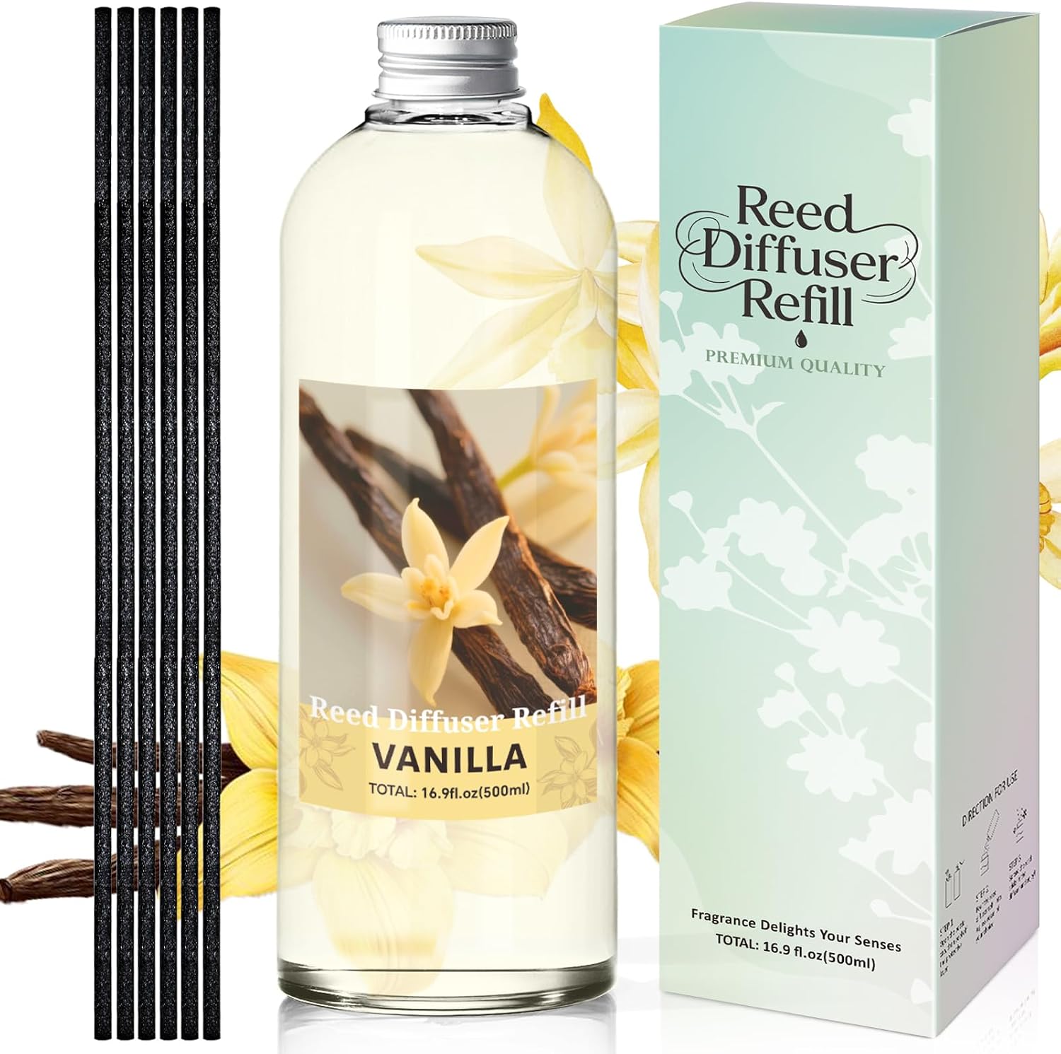 STRN Reed Diffuser Refill, Vanilla Scent Diffuser 500ml | 16.9 oz with 6 Reed Sticks, Room Fresheners for Home, Long-Lasting Fragrance for Living Room, Bedroom, Office, Home Décor