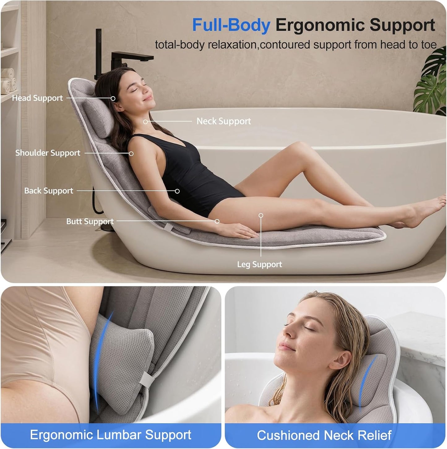 Full Body Bath Pillow for Bathtub, Thick 5D Air Mesh Luxury Spa Tub Cushion with Adjustable Lumbar Support, Extra Long Bathtub Pillow for Head and Neck Back, 192 Non-Slip Suction Cups, Gray, 56" x 19"