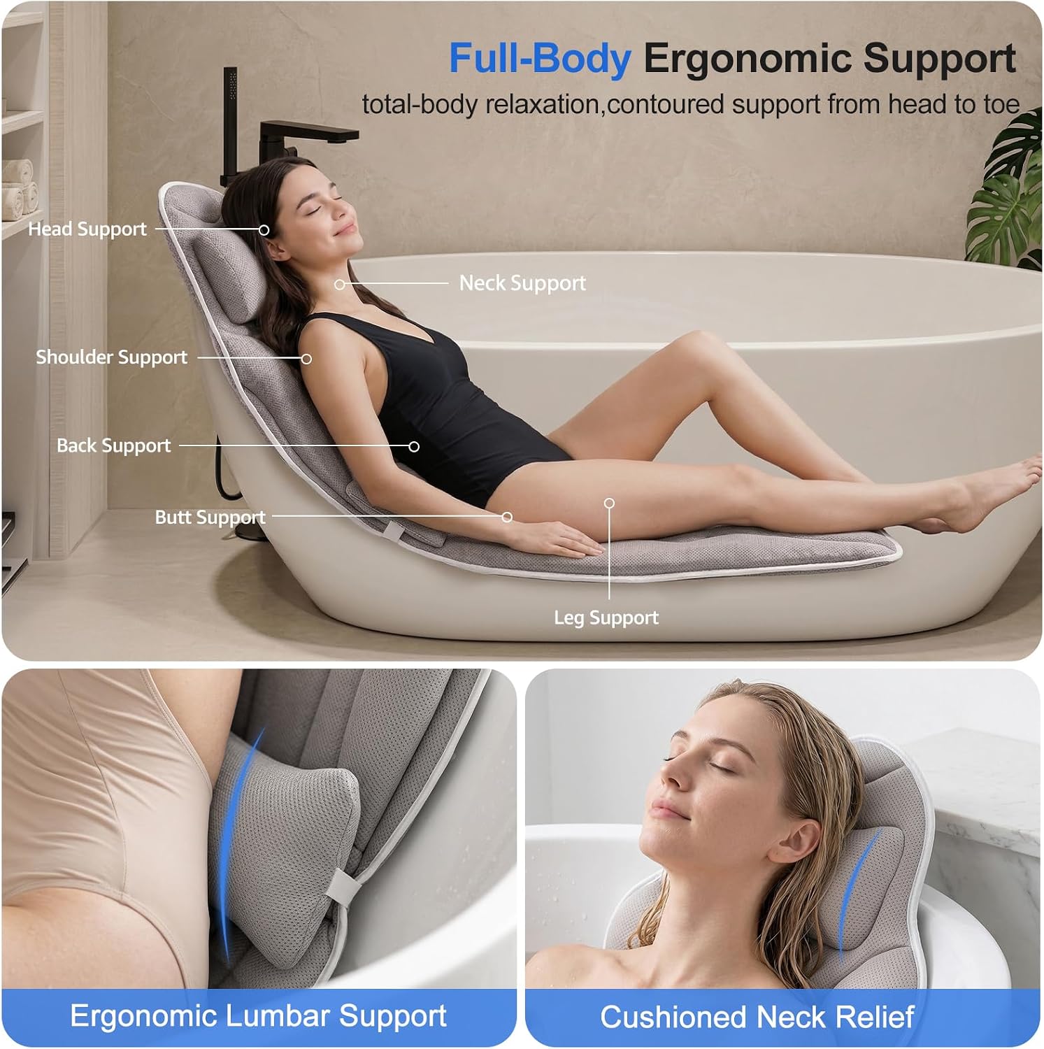 Full Body Bath Pillow for Bathtub, Thick 5D Air Mesh Luxury Spa Tub Cushion with Adjustable Lumbar Support, Extra Long Bathtub Pillow for Head and Neck Back, 192 Non-Slip Suction Cups, Gray, 56" x 19"