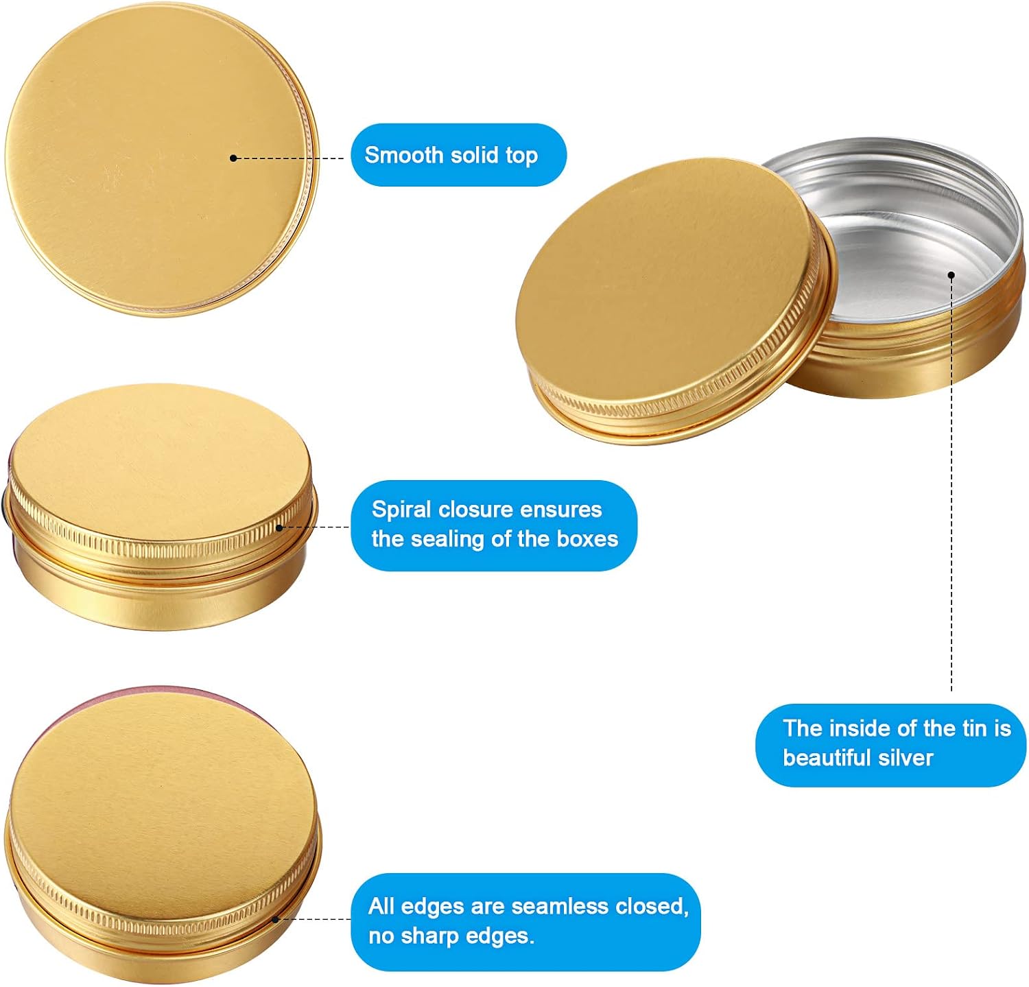 Patelai 2 oz Gold Metal Round Tins Aluminum Tin Cans Salve Tins Containers with Screw Lid 10 Sheets Stickers for Salve Spice Candies Balms Candles, 36 Pack (Classic Style)