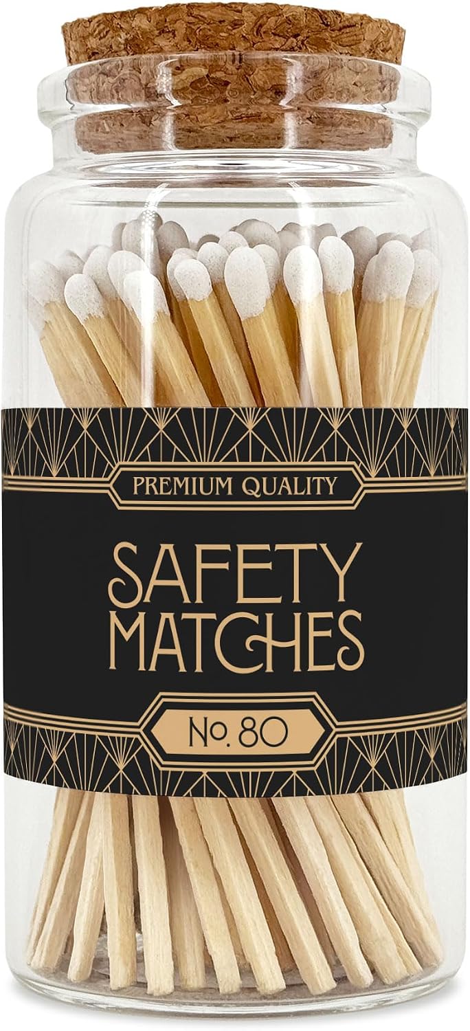 Art Deco Wooden Matches in a Jar with Striker | Decorative Matches for Candles | Long Matches for Candles in Apothecary Glass Jar | Approx. 80 Safety Matches for Home Decor & Bathroom