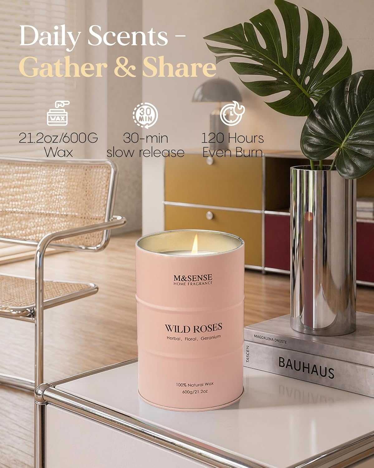 M&SENSE Wild Rose Large Natural Scented Candle, 120 Hours Long Lasting Soy Candles 21.2oz, Stress Relief Luxury Aromatherapy Candles for Women, Romantic Candle Valentines Day Gifts
