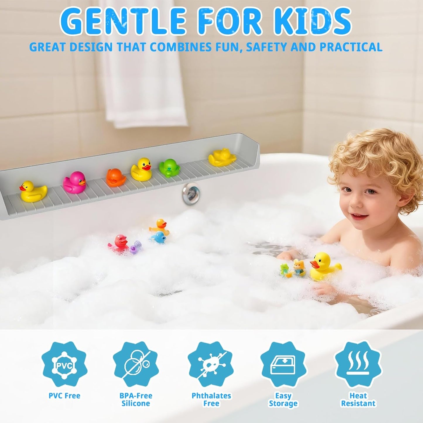 31-inch Silicone Bathtub Shelf with Strong Suction Cups | Extended Splash Guard & Toy Holder | Waterproof Bath Tub Organizer Tray to Prevent Spills, Matte Finish, Easy Storage