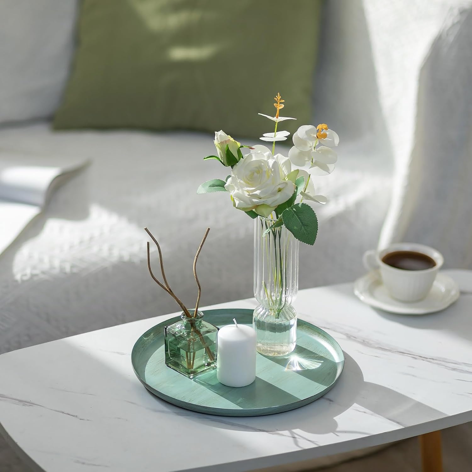 Sziqiqi Round Candle Tray Decor: Sage Green Decorative Tray for Coffee Table - 11-inch Farmhouse Metal Tray for Living Room Kitchen