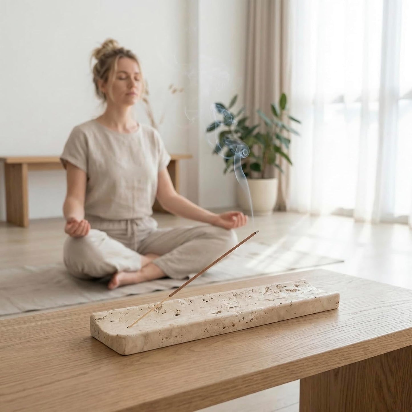 Marble Incense Holder Burner-Natural Stone Stick Incense Tray with Ash Catcher，20 Sticks & Brush - Elegant Decor for Meditation, Yoga, Home,Gift(Beige Travertine)